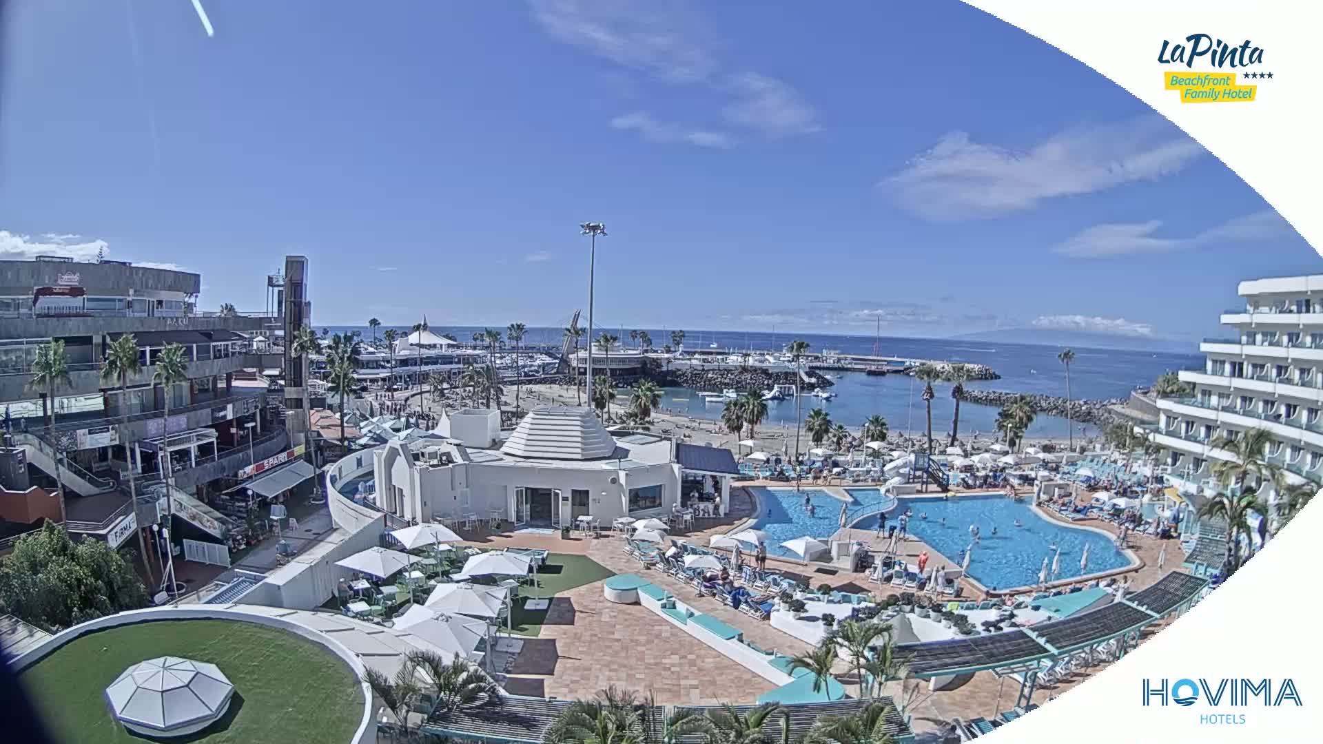 A resort pool area with a beach and marina in the background on a sunny day.