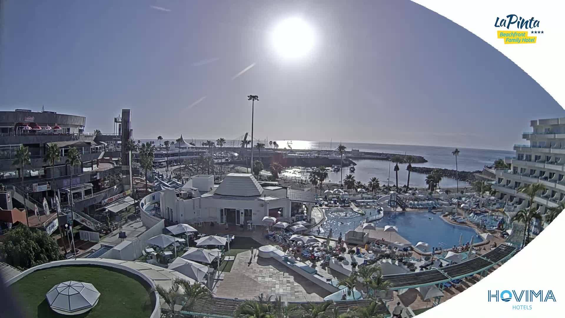 A sunny day overlooks a resort with a pool and beach area next to a harbor and ocean.