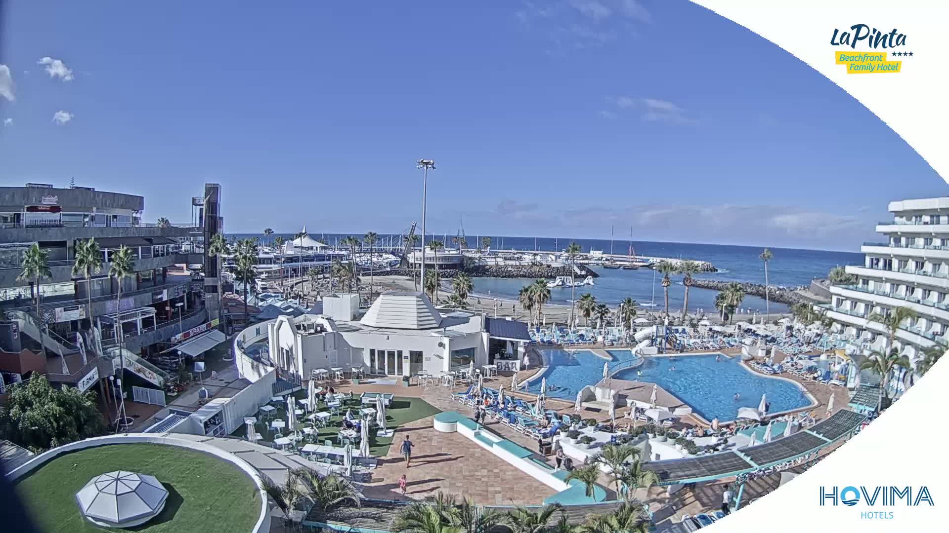 A sunny day overlooking a resort pool area, marina, and ocean.
