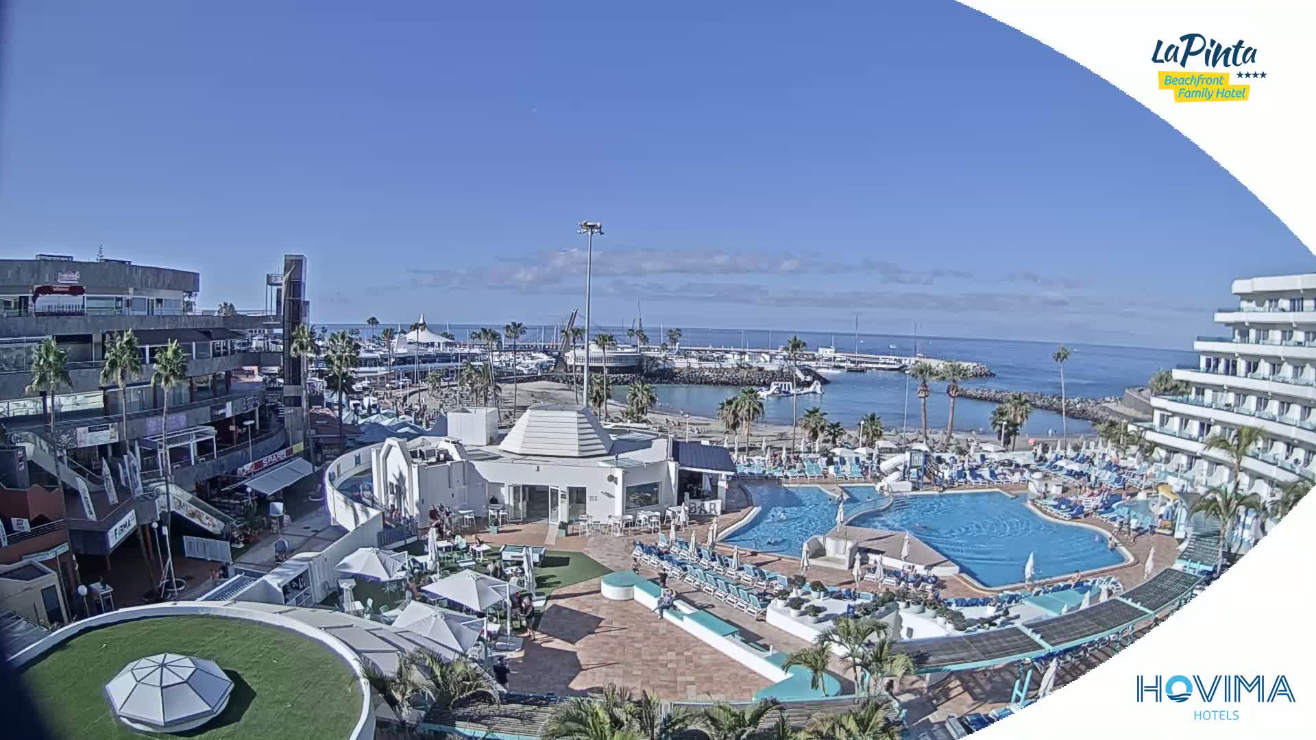 A resort with a pool and beach area overlooks a marina on a sunny day.