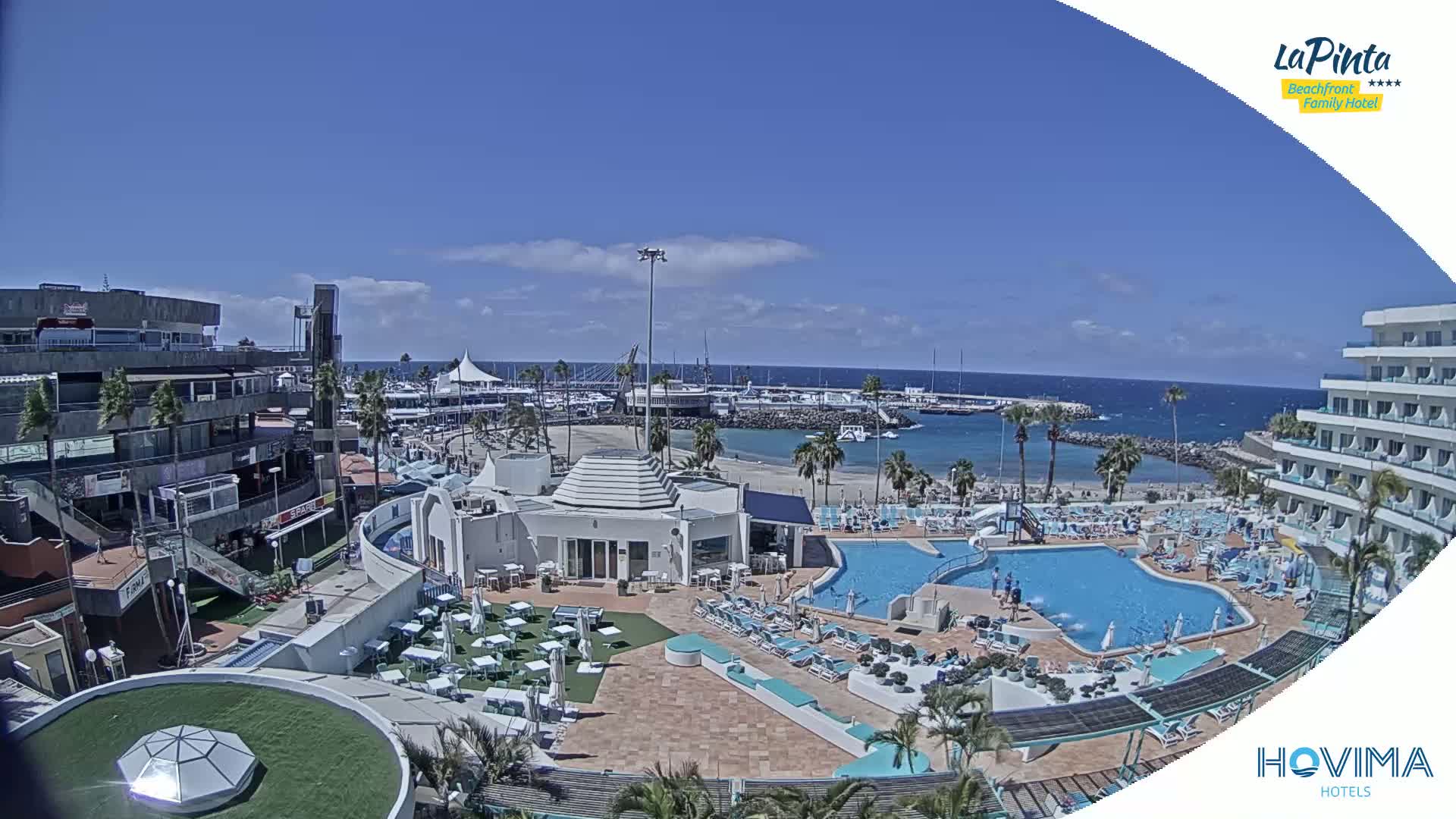 An aerial view of a resort pool area on a sunny day, overlooking a marina and a calm ocean.