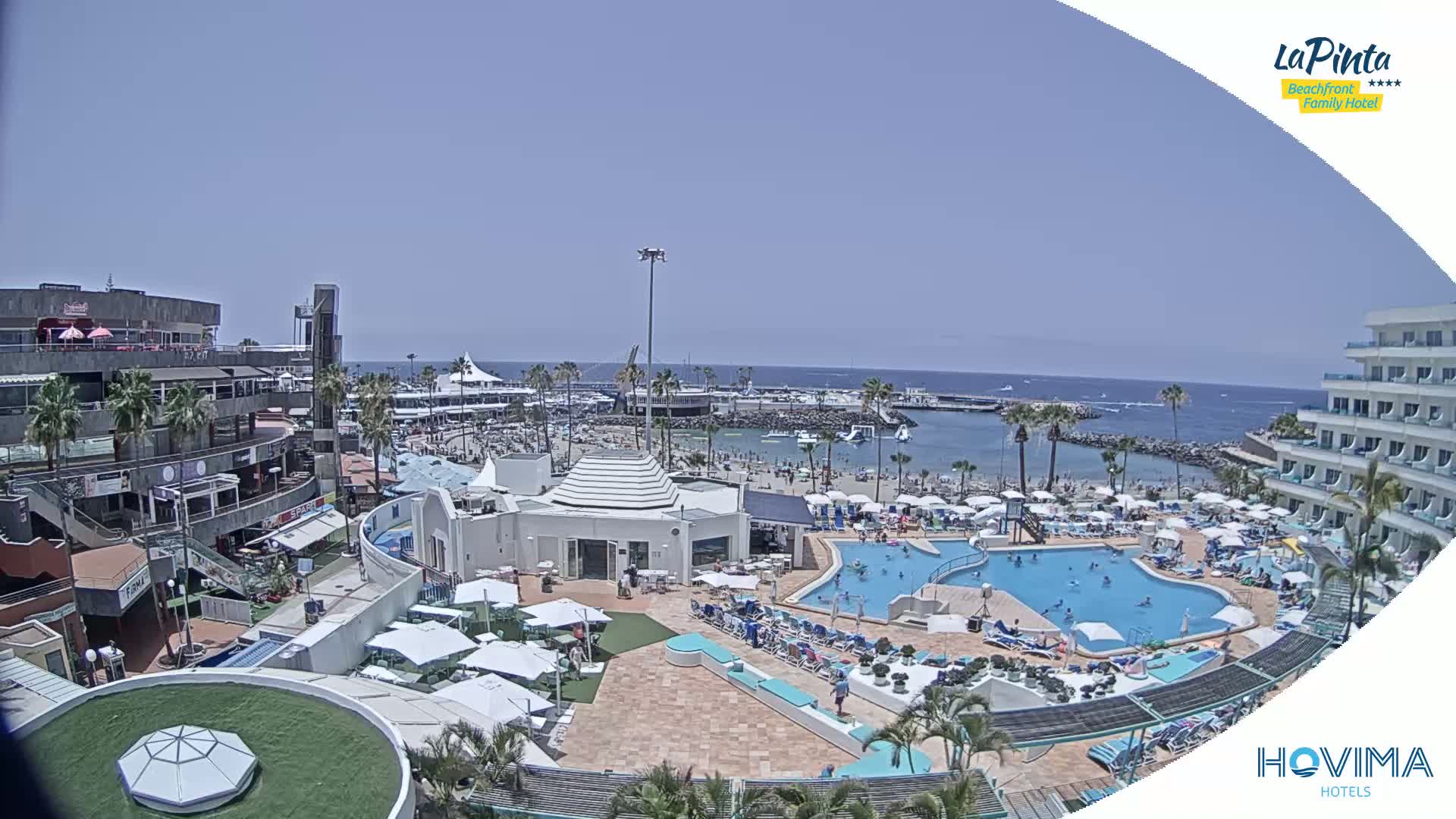 A sunny day overlooking a resort with multiple pools, a beach, and a marina, under a clear blue sky.