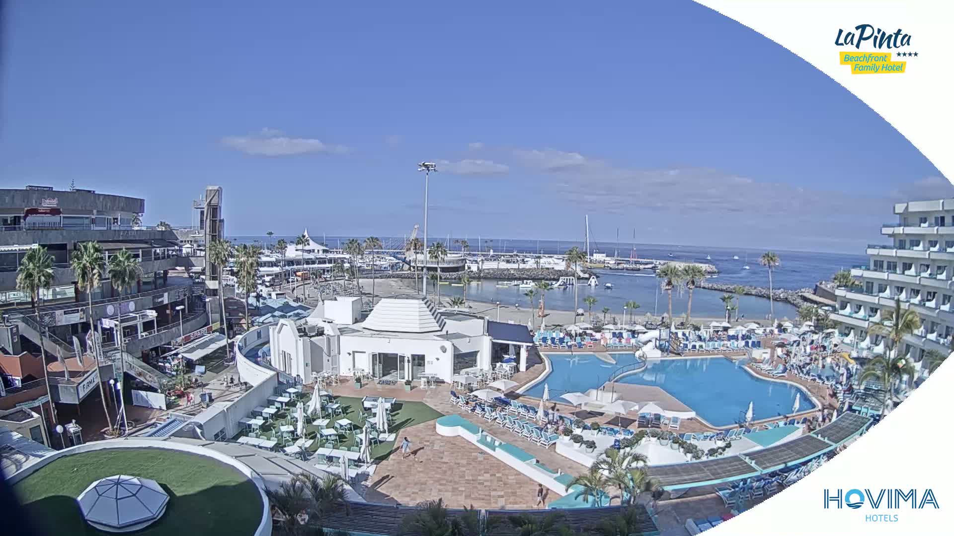 A sunny day overlooking a resort with a swimming pool, adjacent shops and restaurants, and a marina filled with boats.