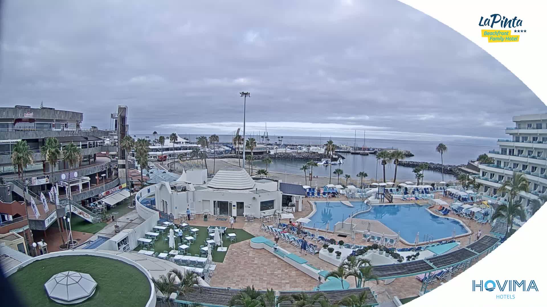 An overcast day reveals a resort with a swimming pool overlooking a calm harbor and marina, surrounded by buildings and palm trees.