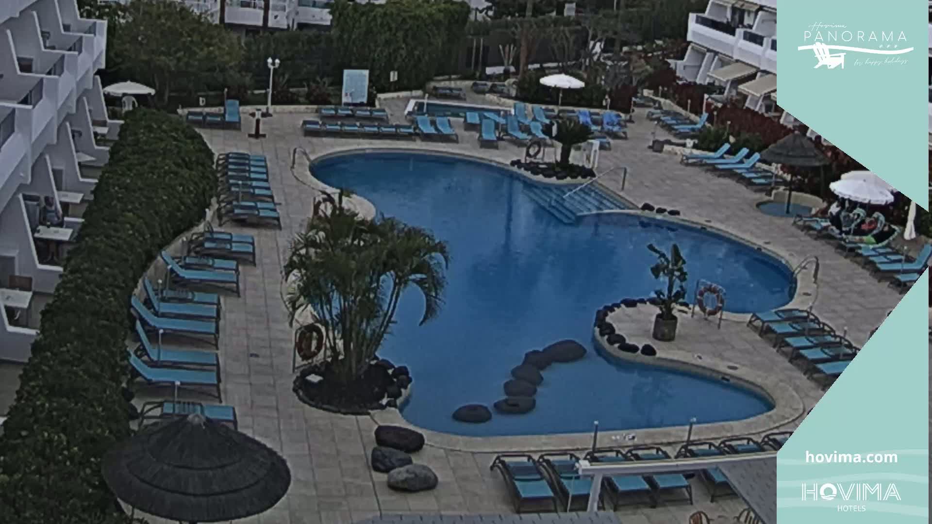 An outdoor pool with surrounding lounge chairs and landscaping, under an overcast sky.