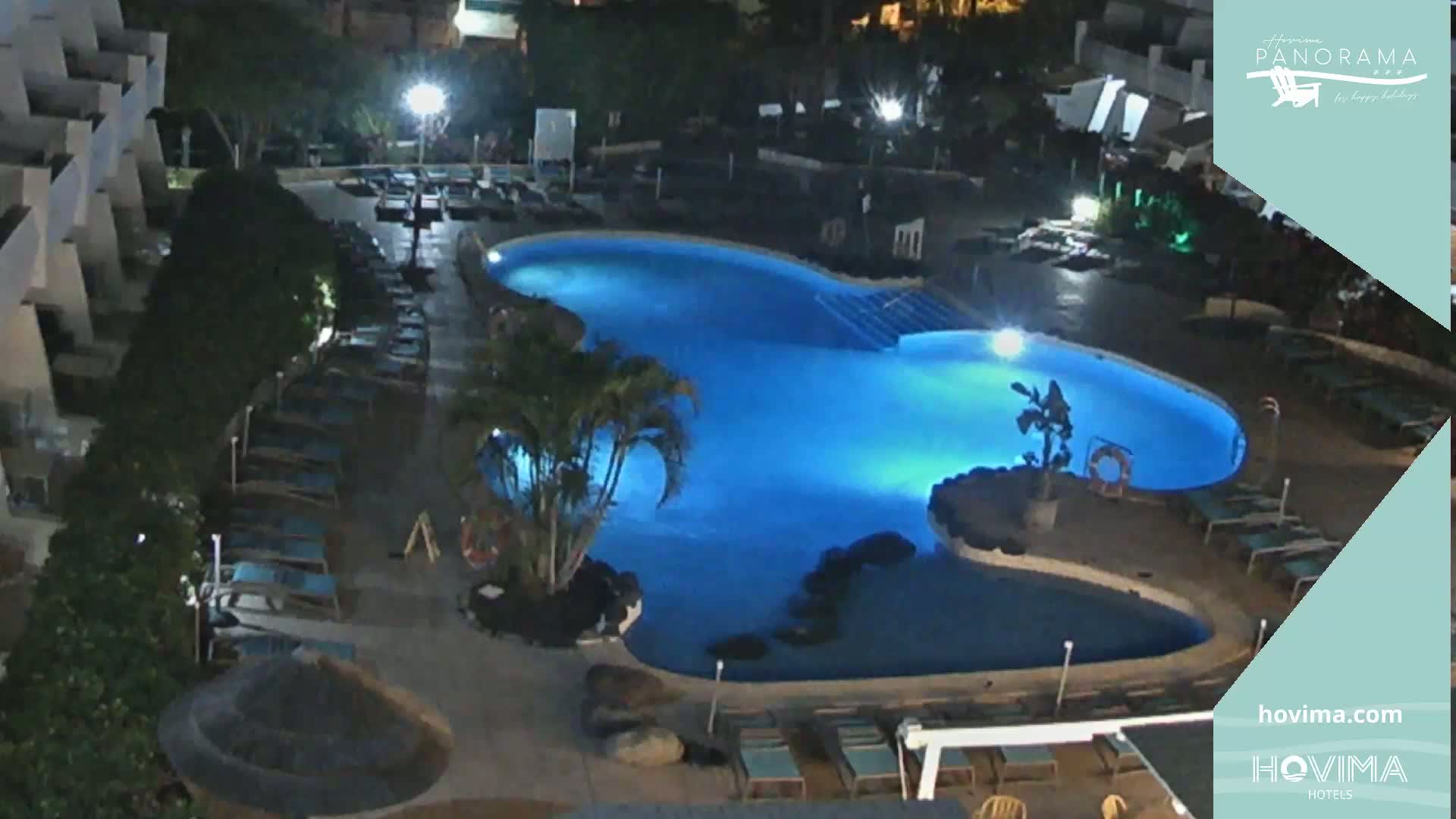 A brightly lit, kidney-shaped swimming pool at night is surrounded by lounge chairs and palm trees.