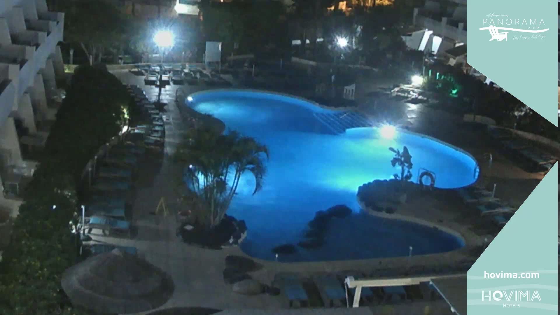 A brightly lit, kidney-shaped swimming pool at night, surrounded by lounge chairs and palm trees.