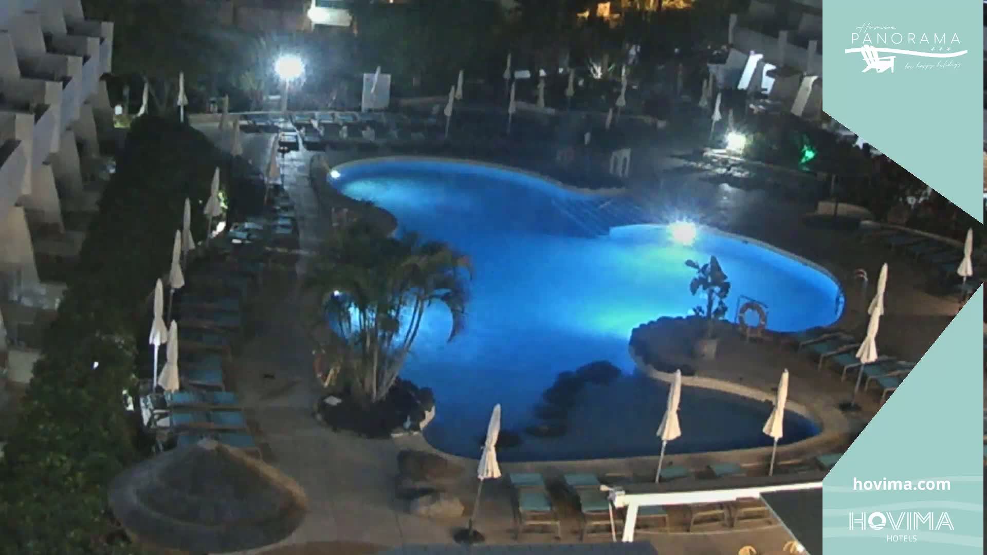A nighttime aerial view of a swimming pool area with surrounding lounge chairs and palm trees.