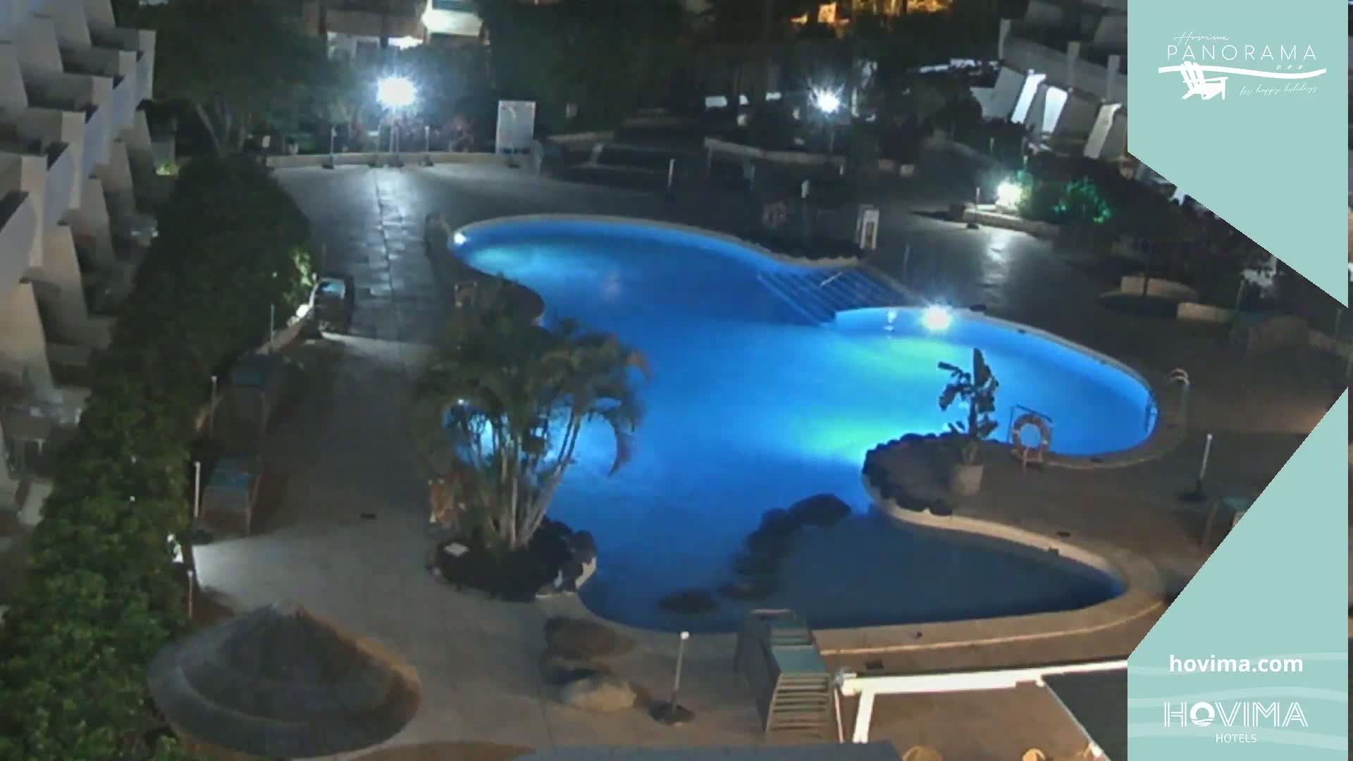 A brightly lit, kidney-shaped swimming pool is surrounded by landscaping and buildings at night.