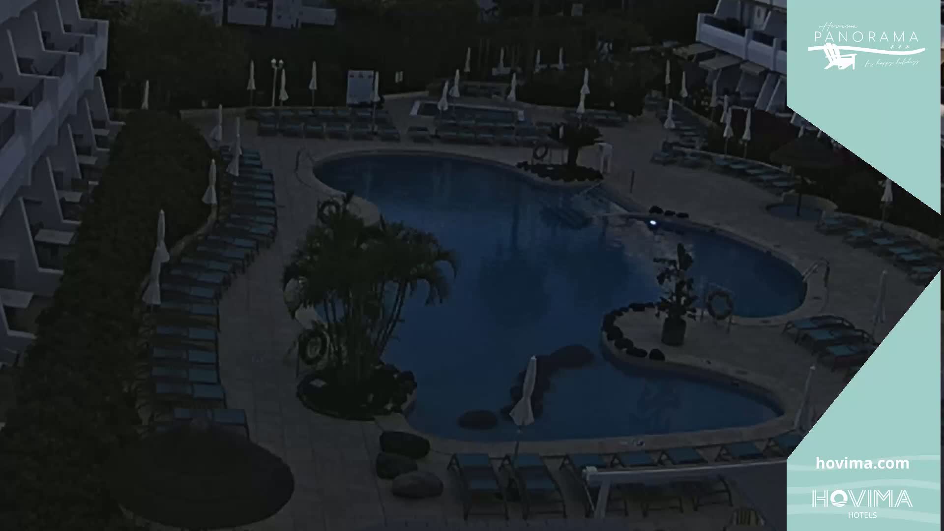 An outdoor nighttime view of a resort pool area with many lounge chairs surrounding a dark blue swimming pool.