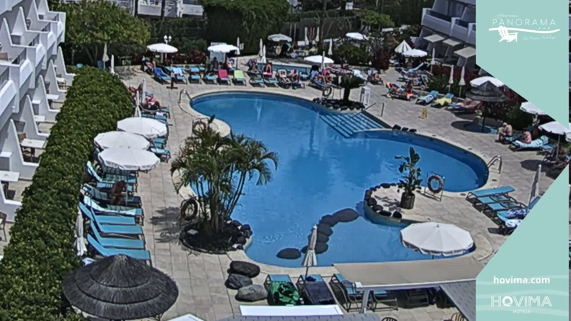 A sunny outdoor pool area with numerous lounge chairs and umbrellas surrounding a kidney-shaped swimming pool.