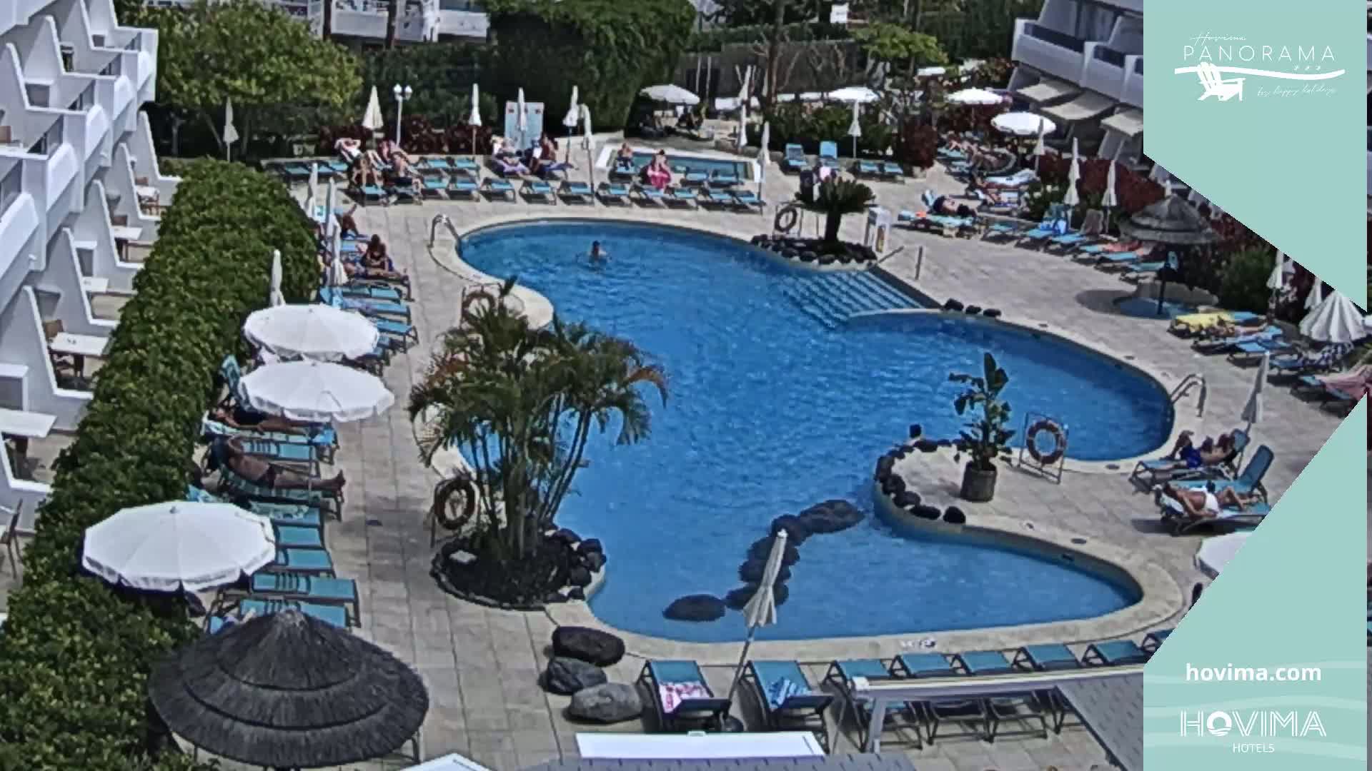 A sunny outdoor scene shows a kidney-shaped swimming pool surrounded by lounge chairs and umbrellas at a resort.