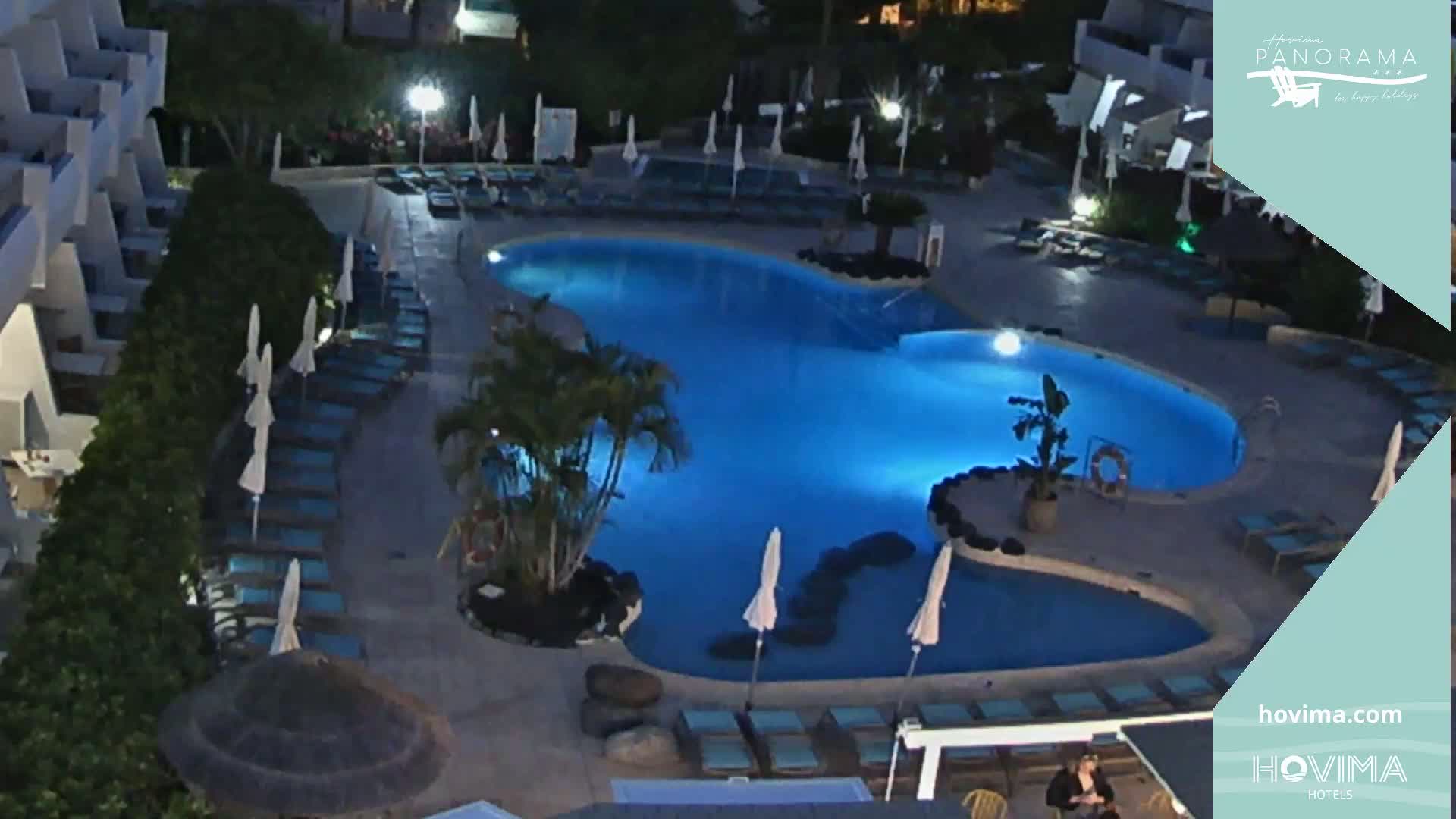 A brightly lit, kidney-shaped swimming pool at night surrounded by lounge chairs and palm trees.