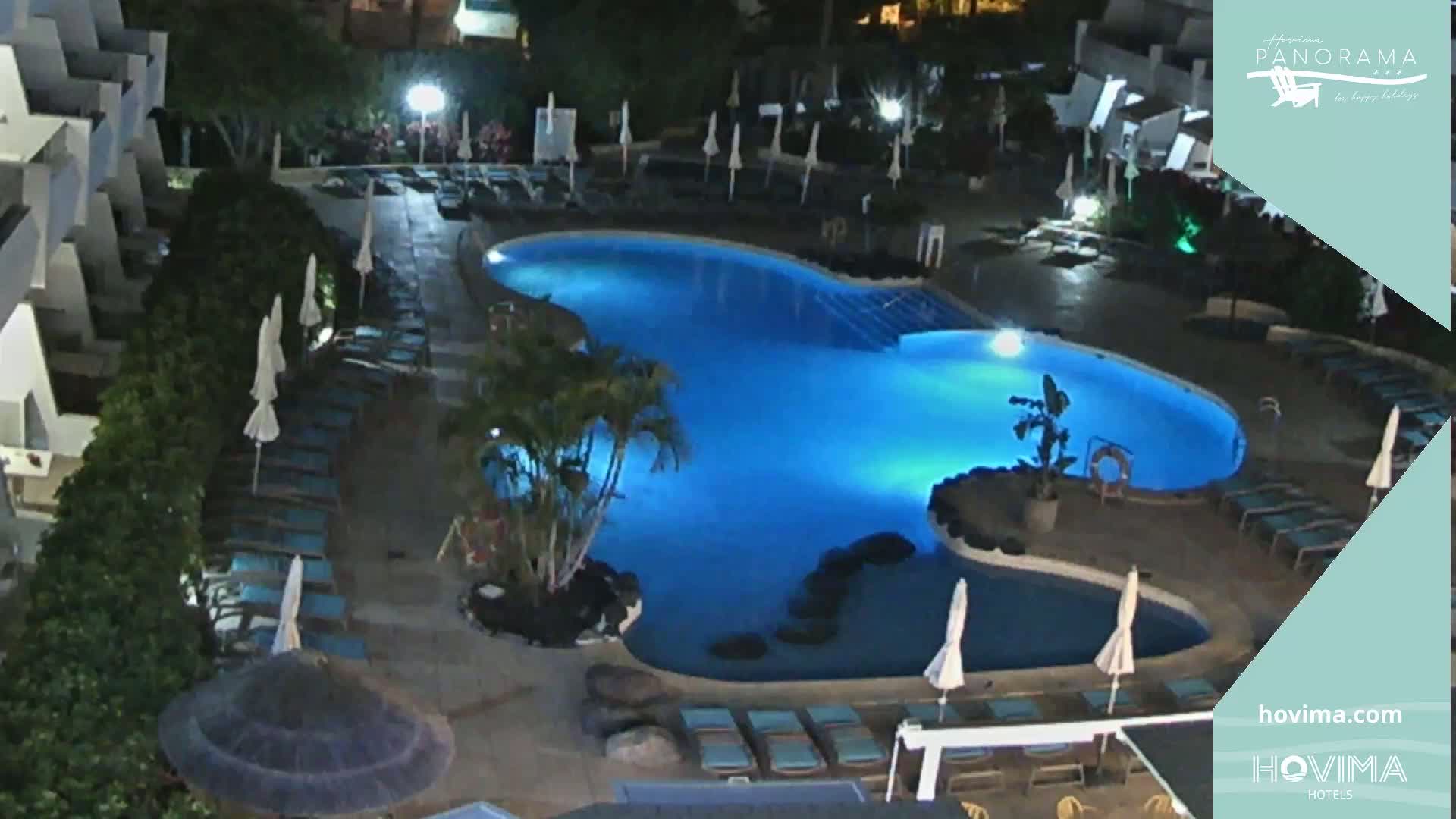 An illuminated, kidney-shaped swimming pool at night, surrounded by lounge chairs and palm trees, next to a building.