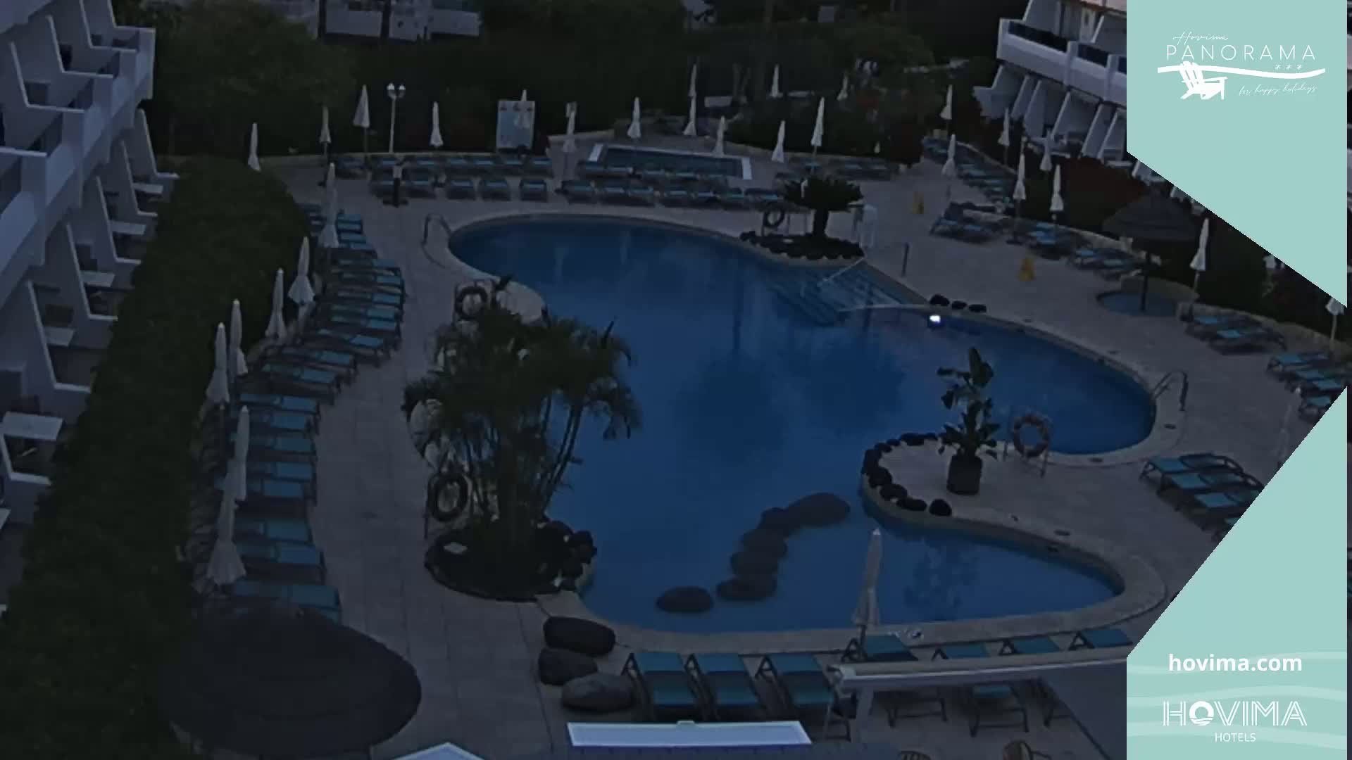 An outdoor nighttime view of a resort pool area with surrounding lounge chairs and palm trees.
