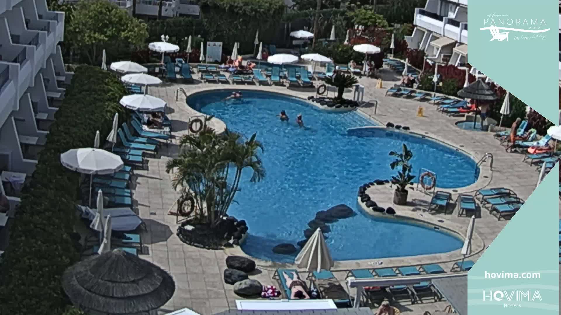 A large, irregularly shaped swimming pool surrounded by lounge chairs and umbrellas, under a sunny sky.