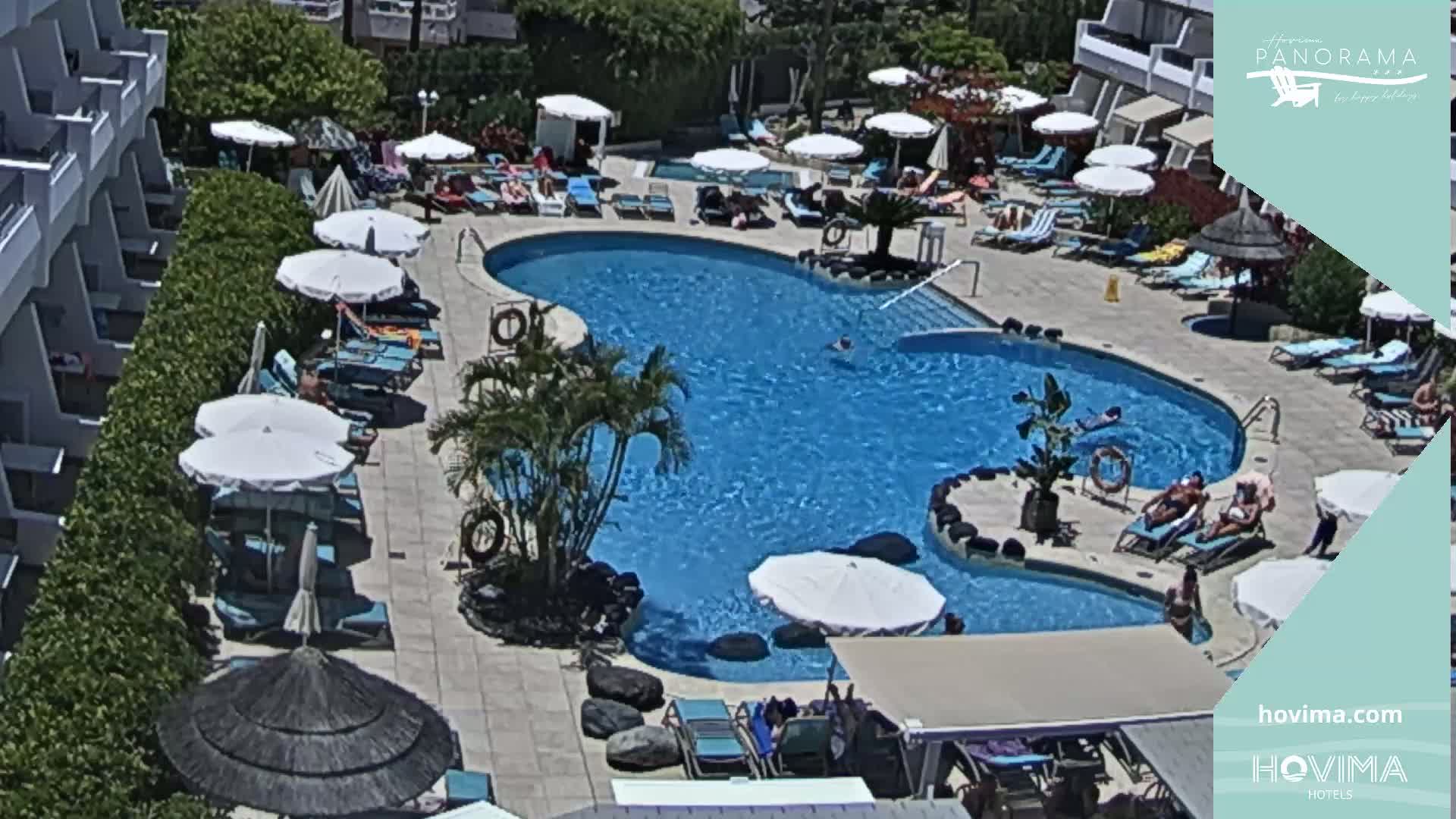 A sunny outdoor scene shows a large, curving swimming pool surrounded by lounge chairs, umbrellas, and palm trees, adjacent to a multi-story building.