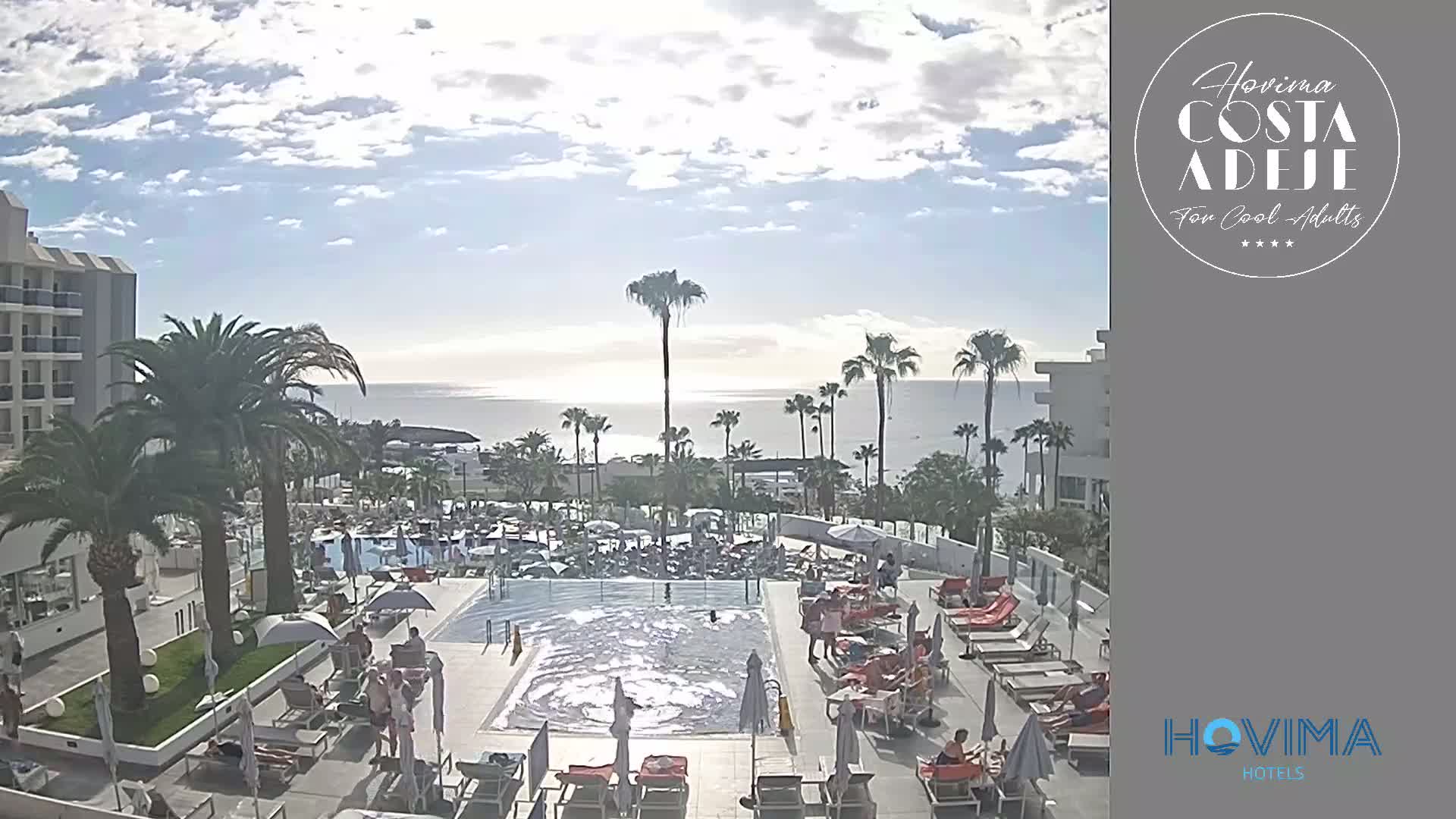 A sunny day overlooks a resort pool area with palm trees, a calm ocean, and several people relaxing by the pool.
