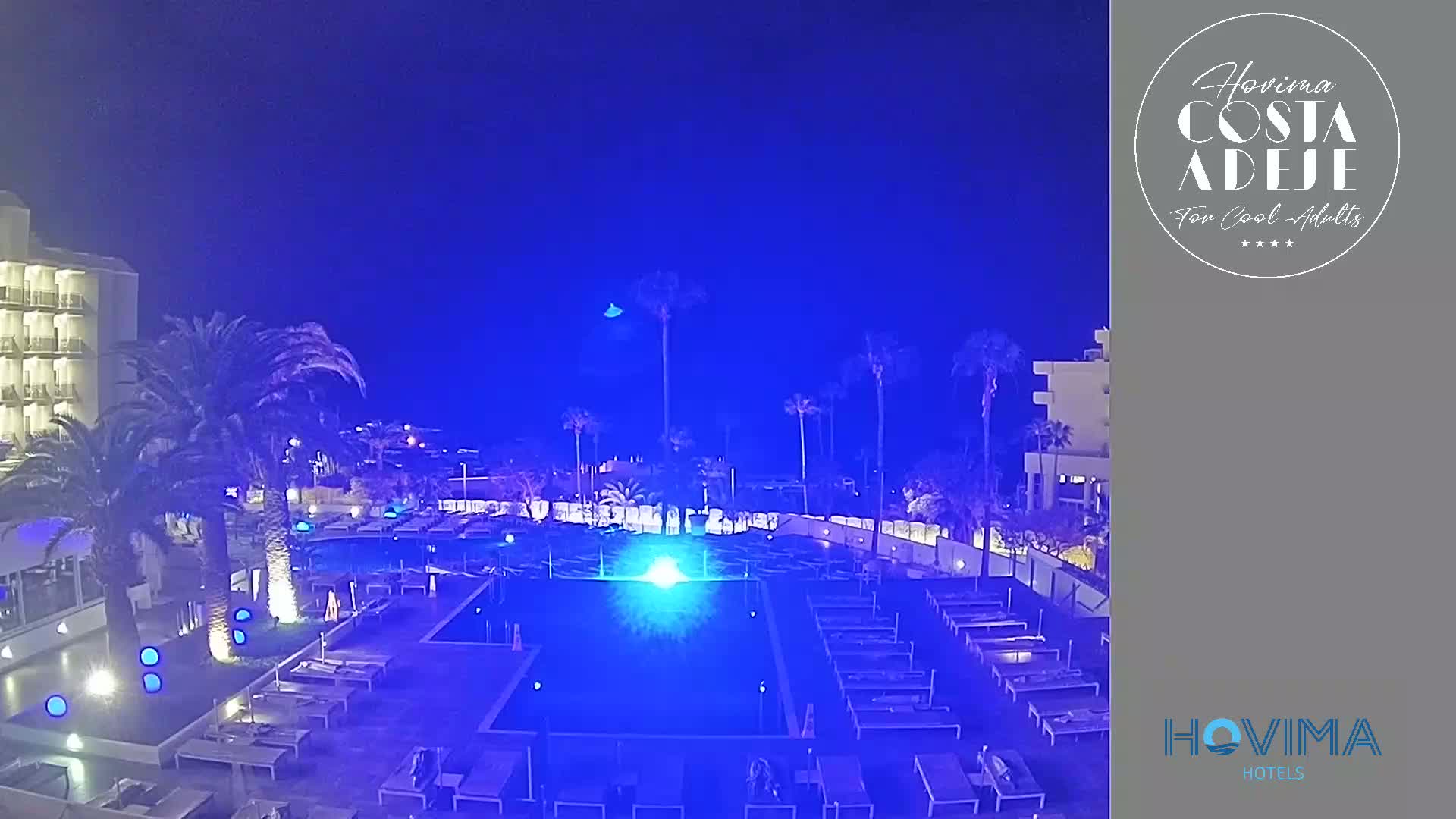 A nighttime view of a resort pool area with palm trees and a building, illuminated in blue light under a dark blue sky.