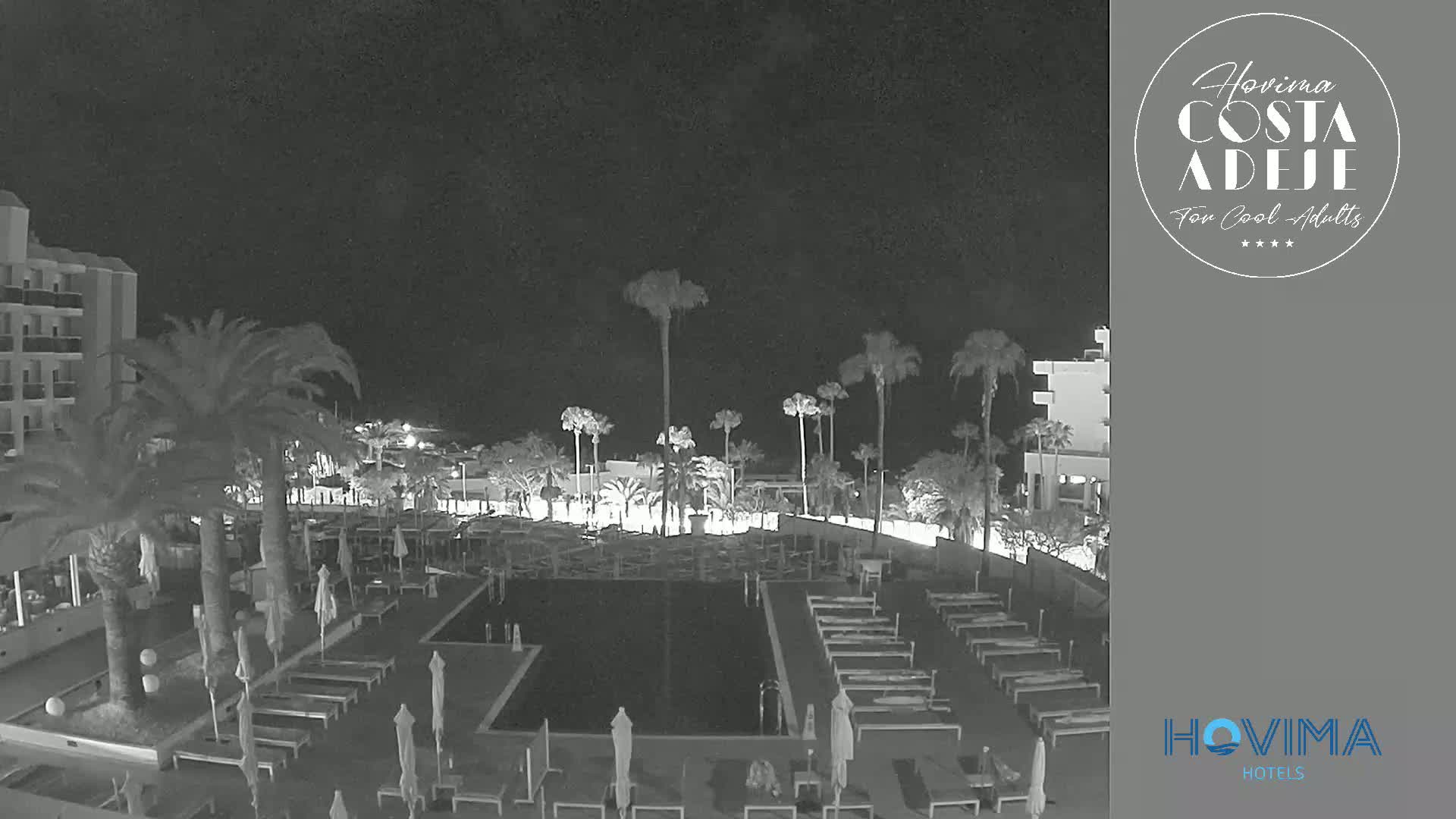 A nighttime view of a resort pool area with palm trees, lounge chairs, and a hotel building under a clear, dark sky.