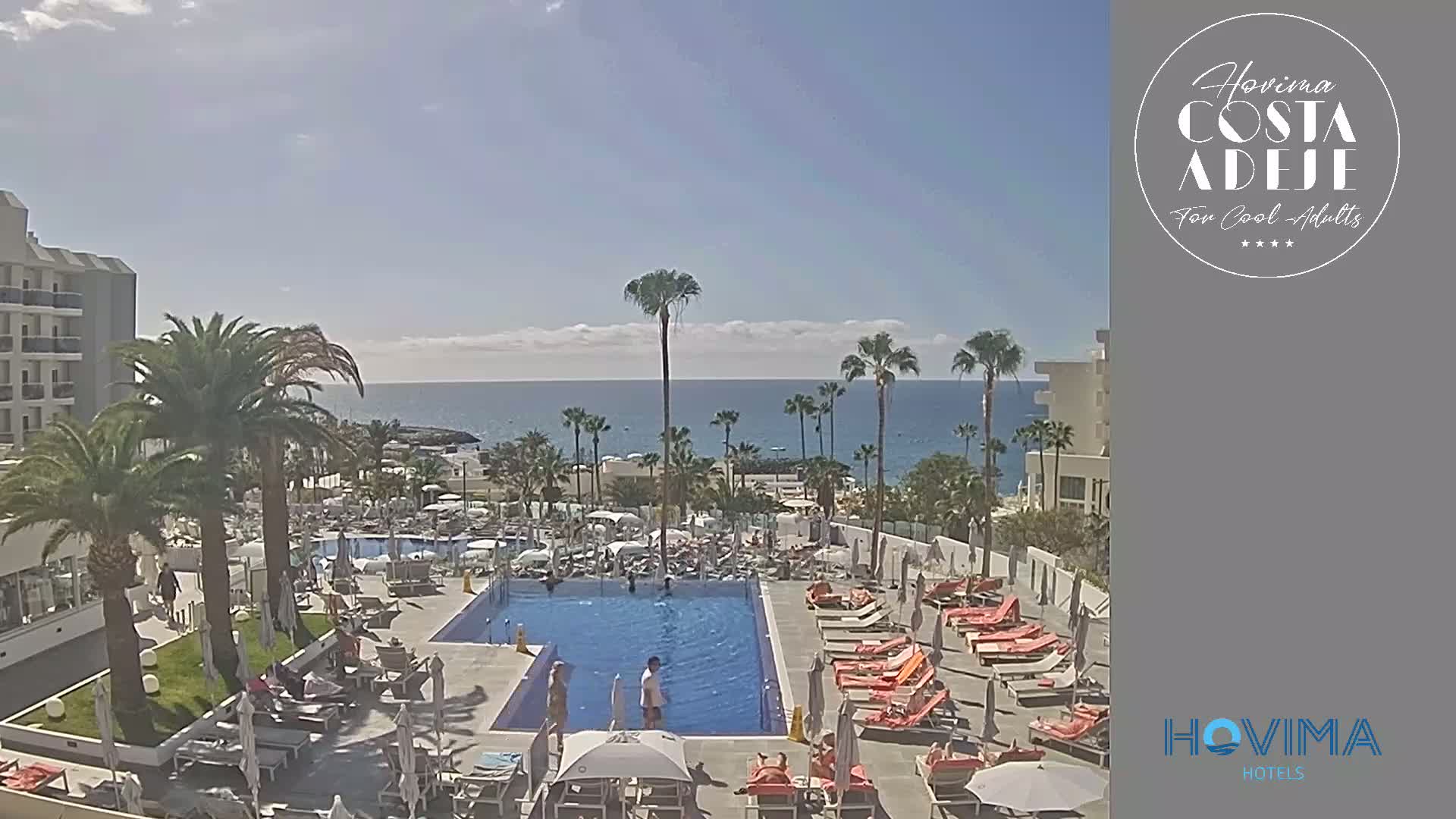 A resort pool area with lounge chairs and palm trees overlooks a calm ocean under a mostly sunny sky.