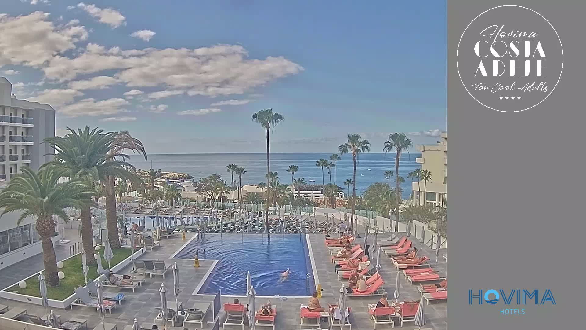 A hotel pool area with many lounge chairs surrounding a rectangular pool, palm trees, and a view of the ocean under a partly cloudy sky.
