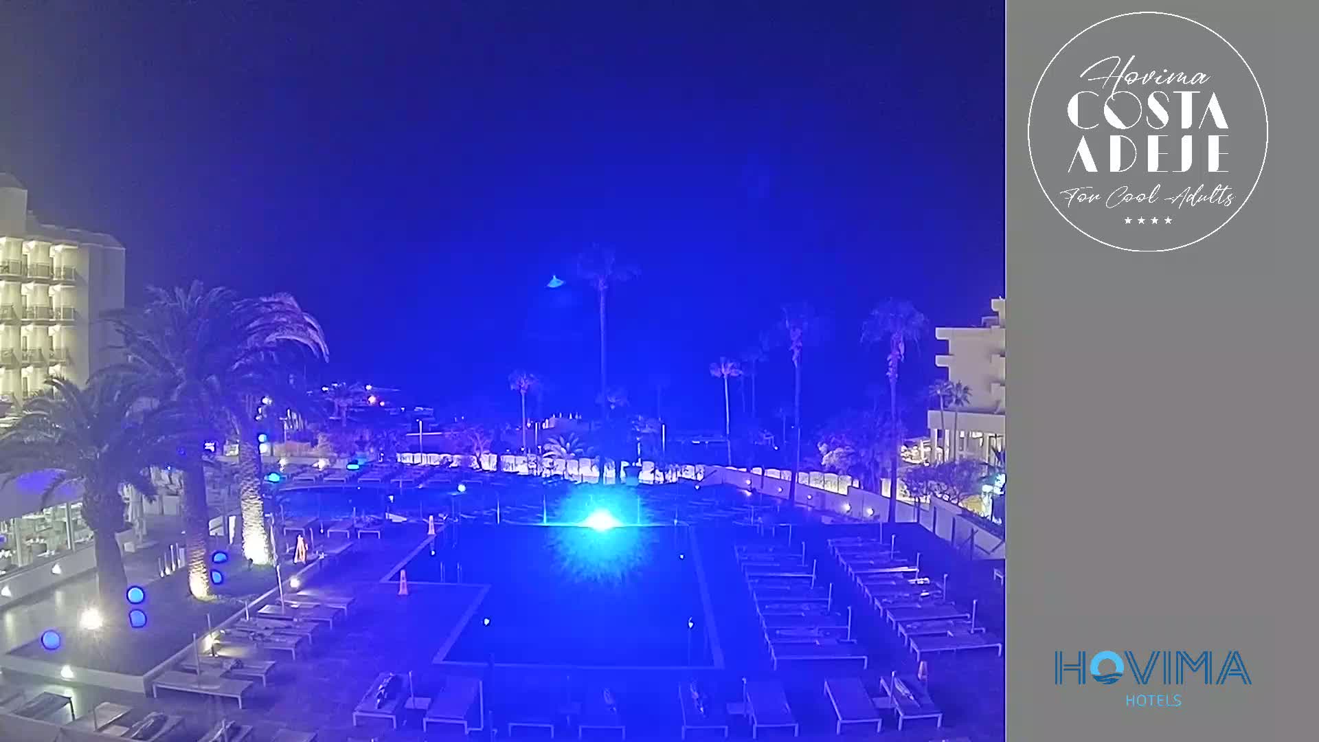 A nighttime view of a resort pool illuminated in blue, surrounded by palm trees and a building under a dark blue sky.