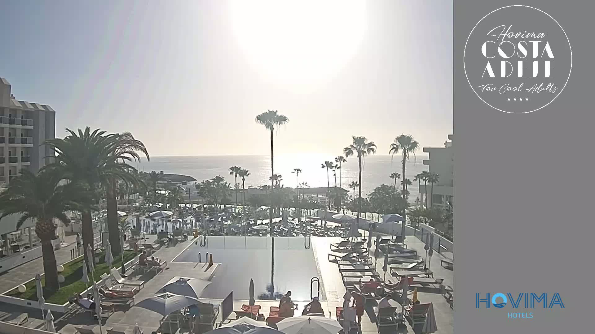 A sunny day overlooking a resort pool area with palm trees and a calm ocean in the background.