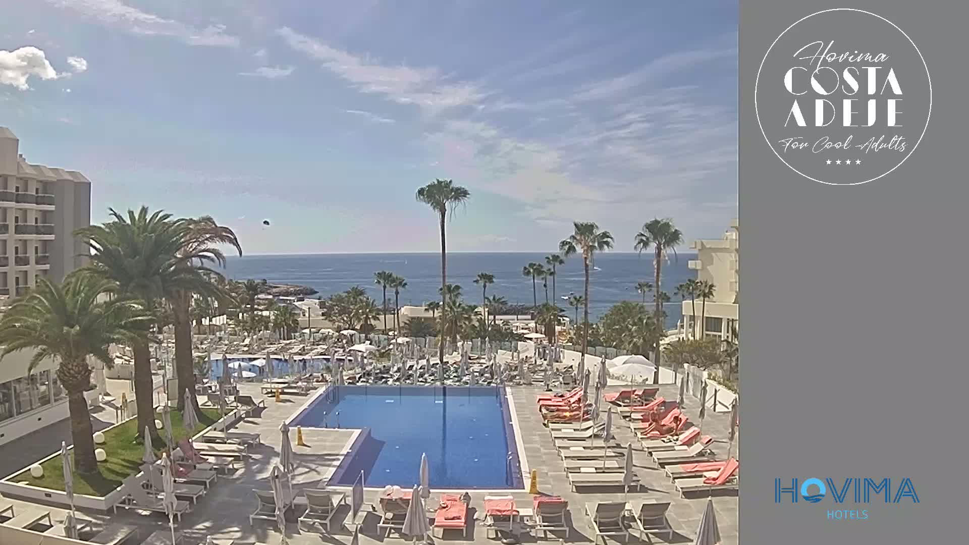 A resort pool area with lounge chairs and palm trees surrounds a rectangular pool, overlooking a calm ocean under a partly cloudy sky.