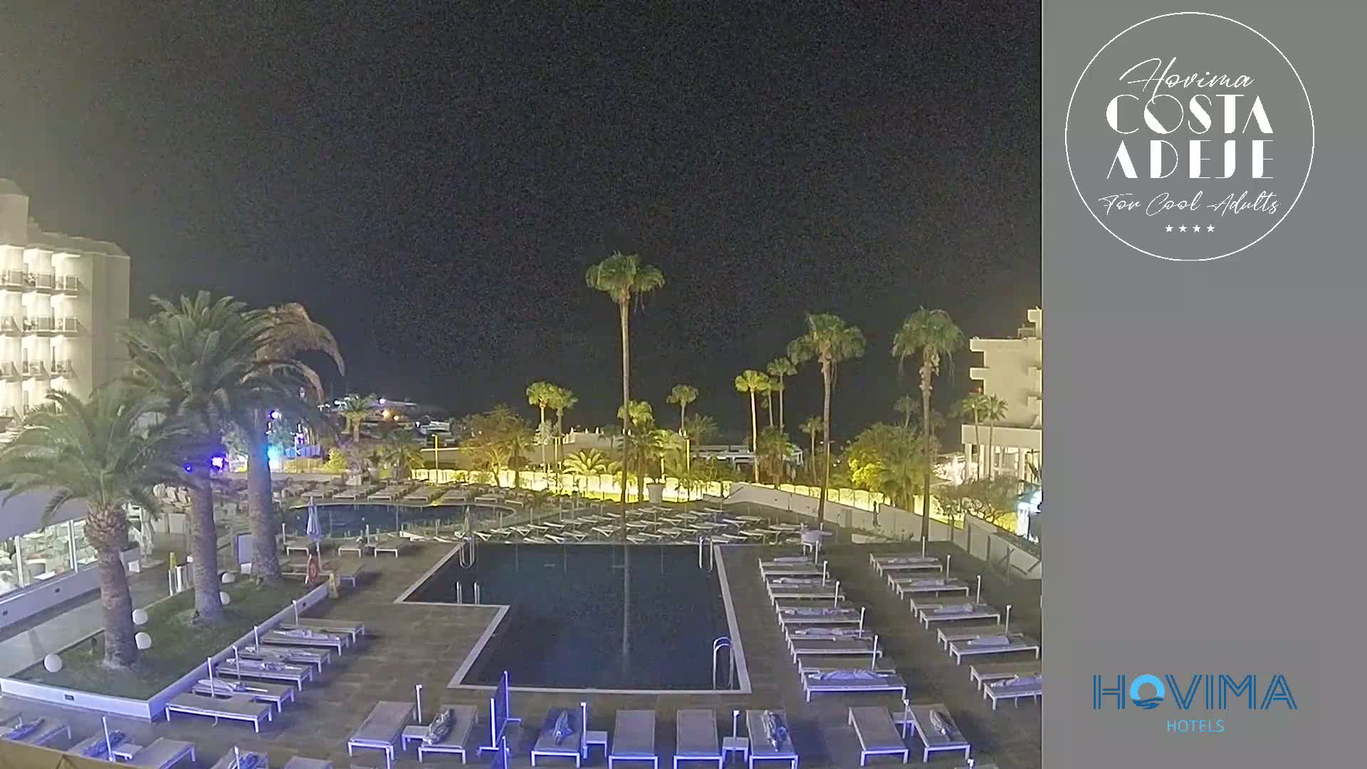 A nighttime view of a resort pool area with palm trees and lounge chairs surrounding a rectangular pool, under a clear, dark sky.