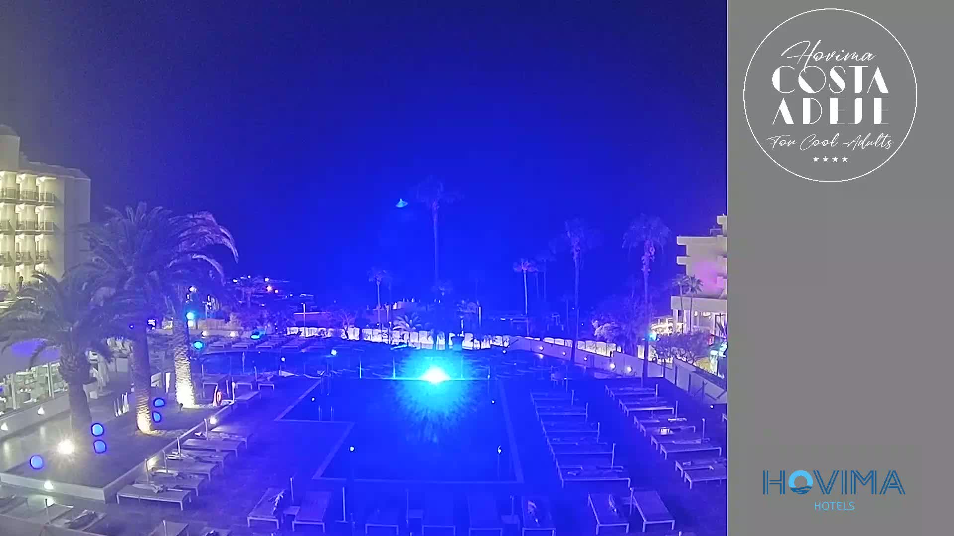 A nighttime view of a resort pool area with blue lighting, palm trees, and a hotel building under a clear, dark blue sky.