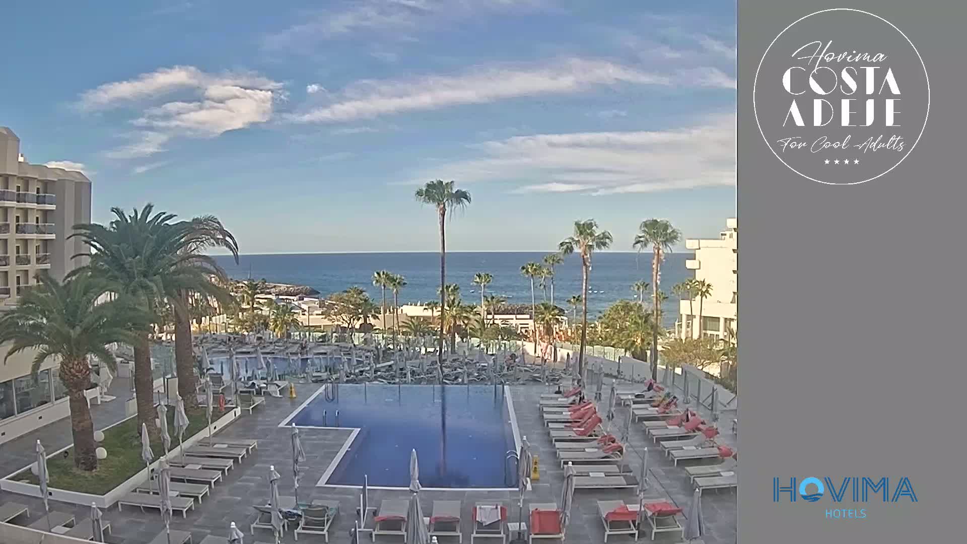 A resort pool area with lounge chairs surrounds a rectangular pool, palm trees line the perimeter, and a calm ocean is visible in the background under a partly cloudy sky.