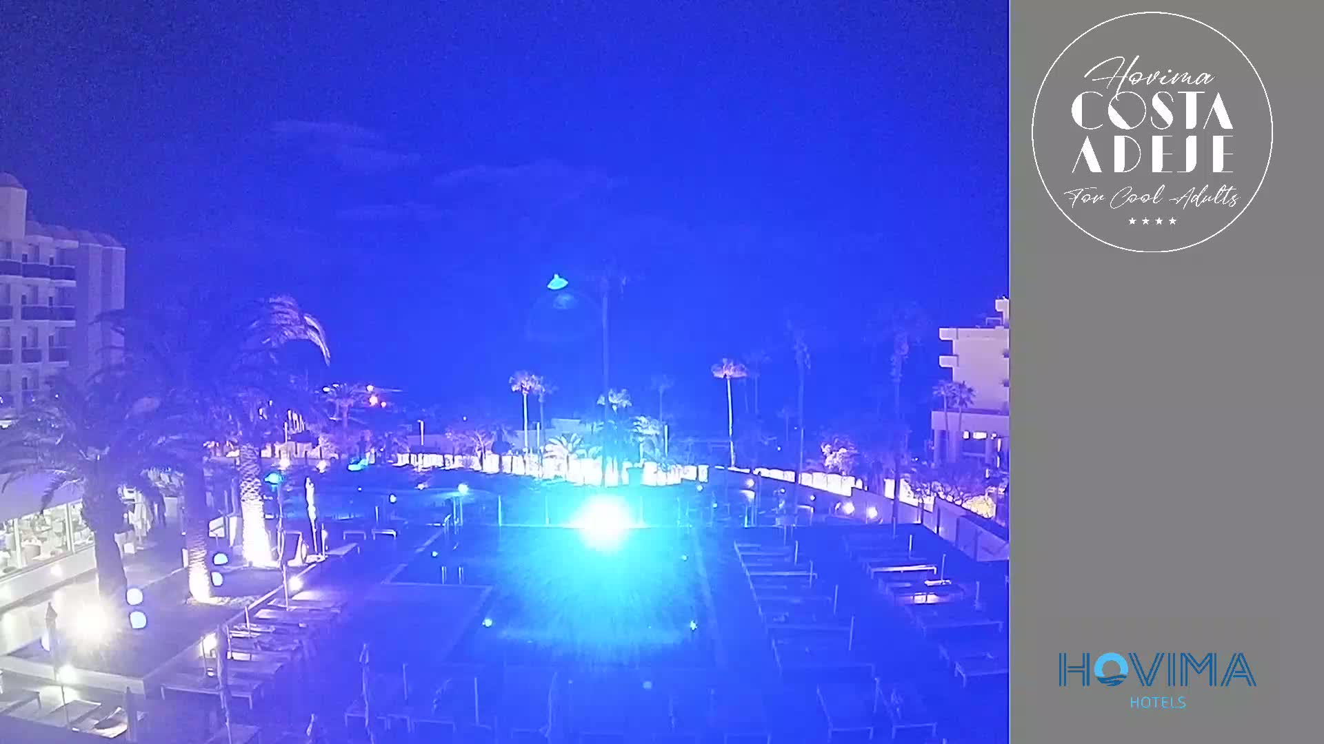 A nighttime view of a resort pool area with palm trees and buildings under a clear, dark blue sky.