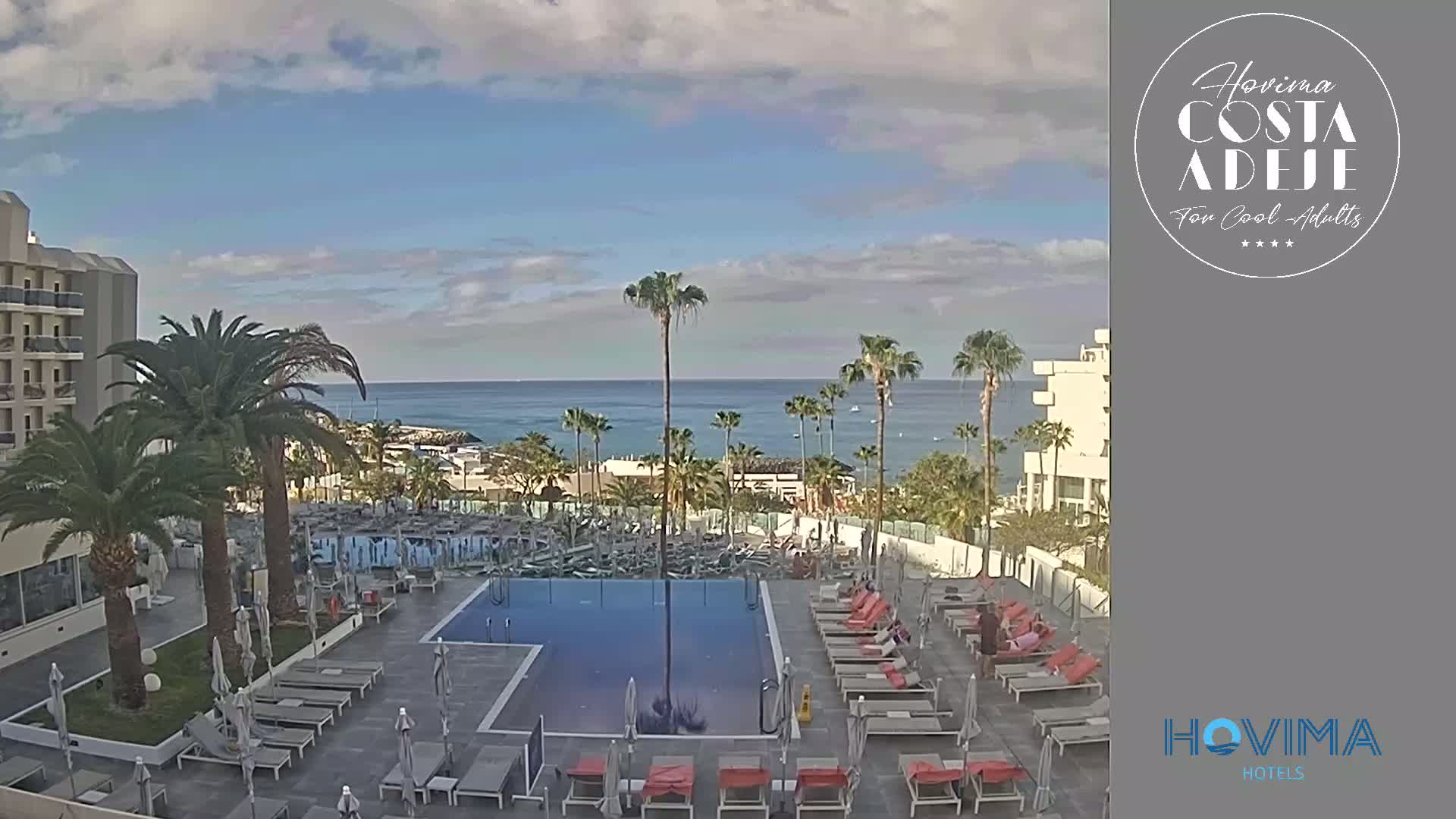 A resort pool area with lounge chairs surrounding a rectangular pool, palm trees, and a view of a calm ocean under a partly cloudy sky.