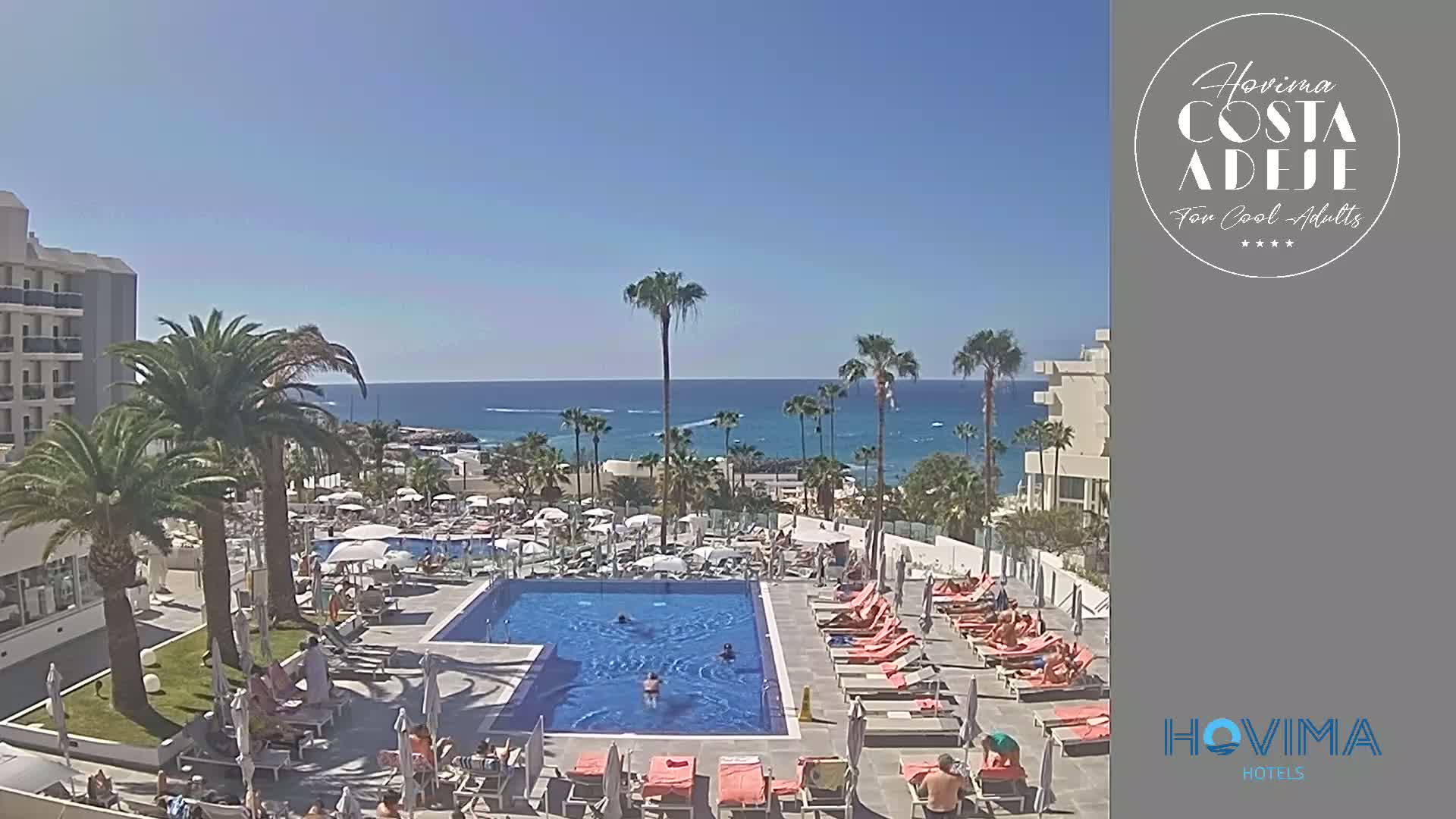 A resort pool area with sunbathers and swimmers is situated next to a calm ocean under a clear blue sky.