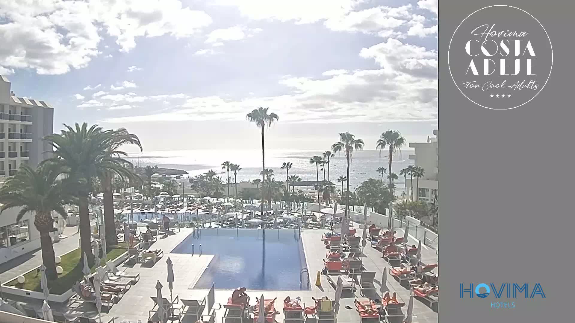 An outdoor pool and lounge area at a resort, surrounded by palm trees and overlooking a calm ocean under a partly cloudy sky.