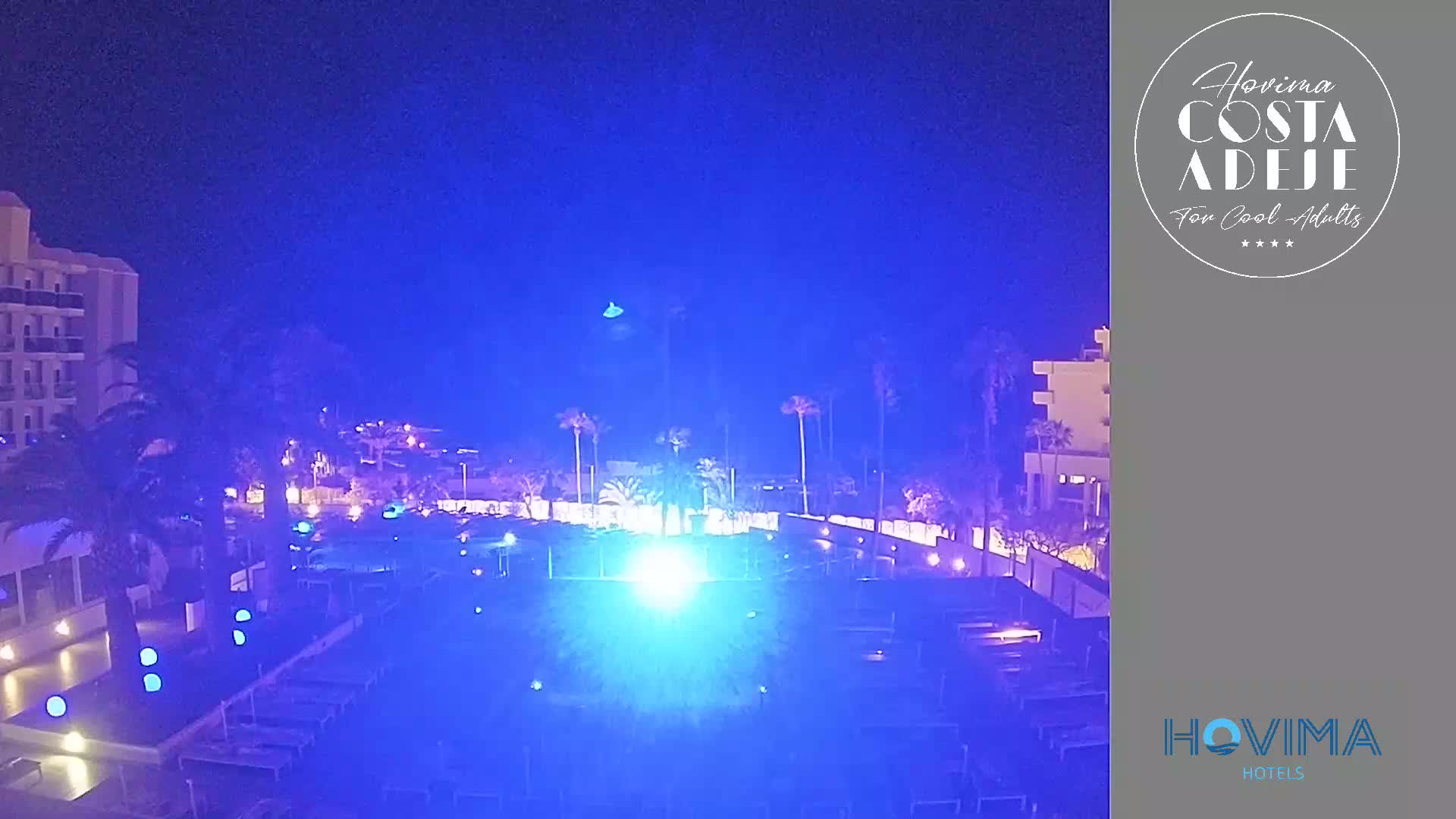 A nighttime view of a resort pool area with palm trees and buildings under a clear, dark blue sky.