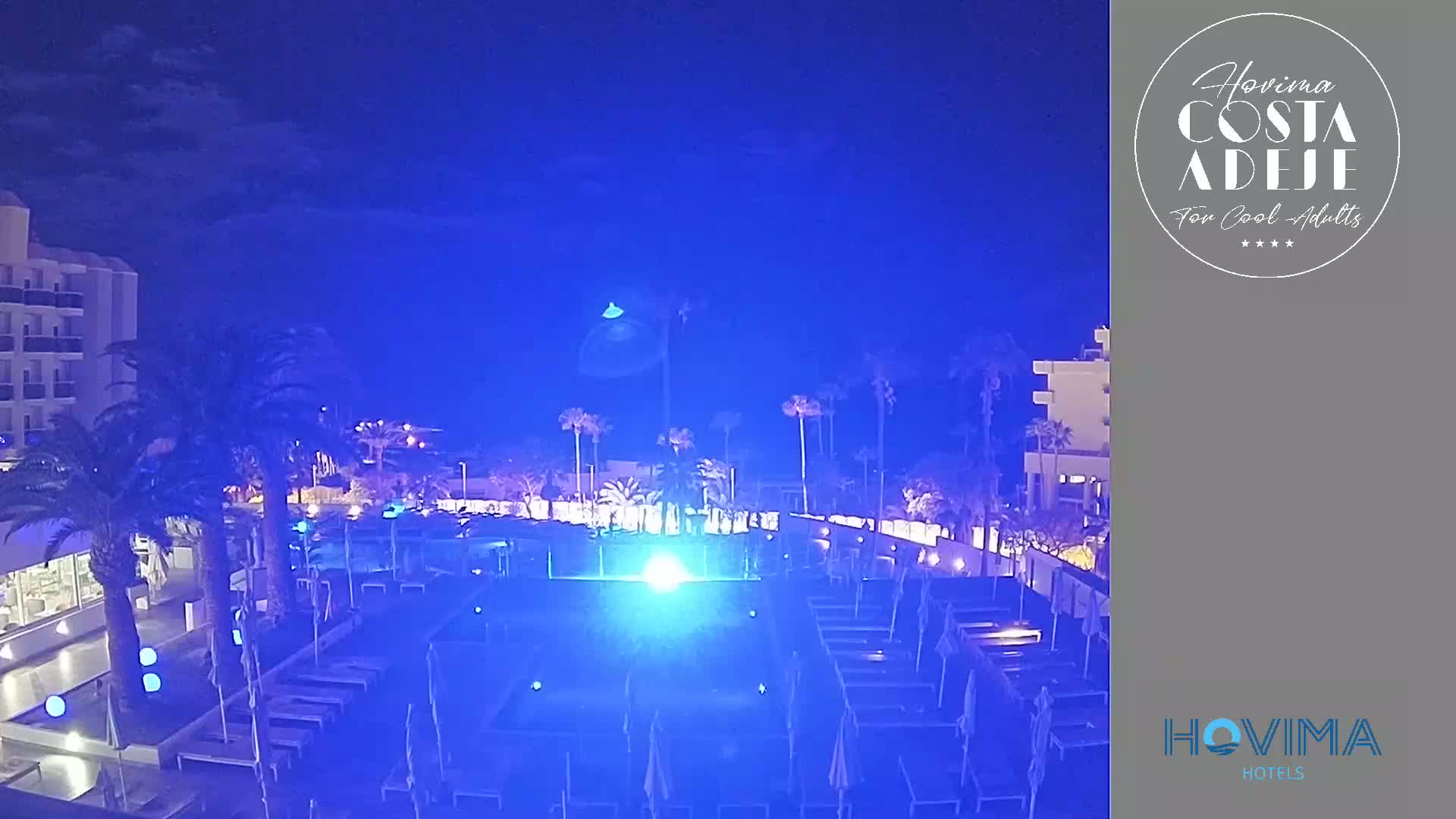A nighttime view of a resort pool area with palm trees and buildings illuminated in blue light under a dark, clear sky.