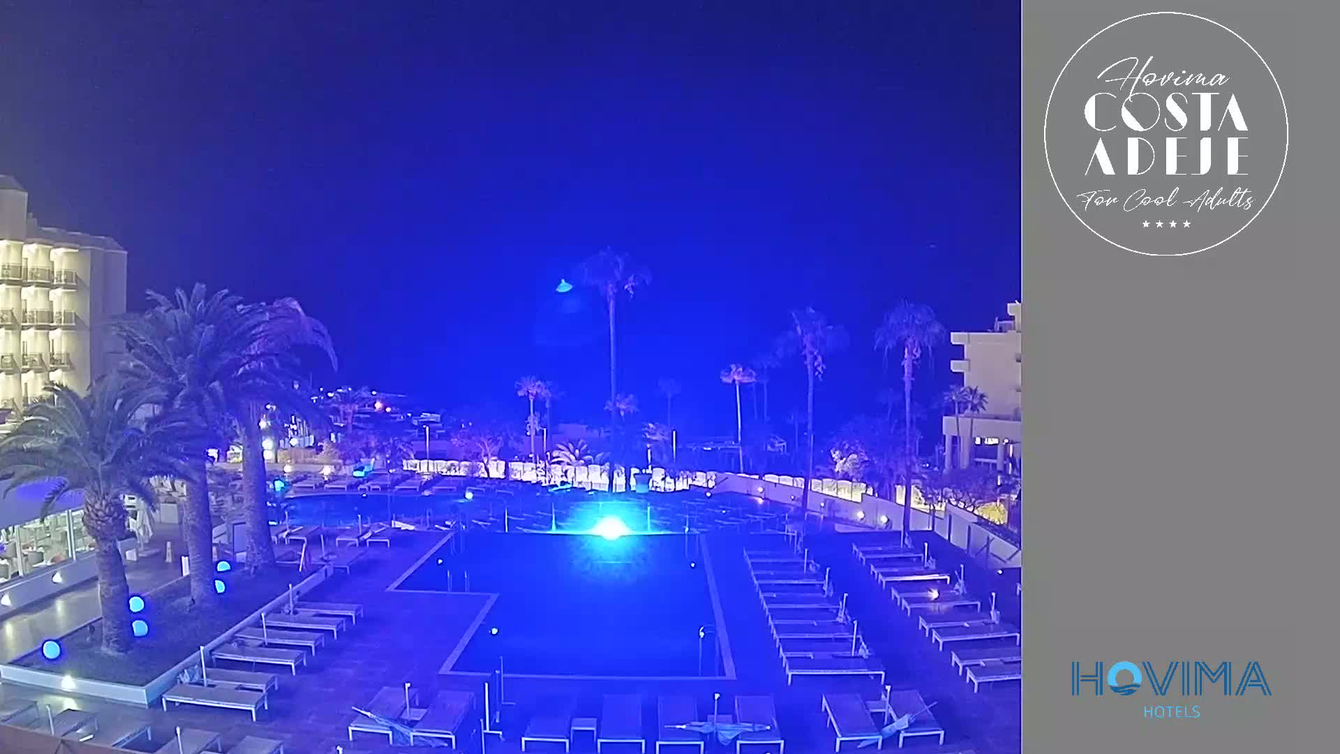 A nighttime view of a resort pool area illuminated in blue light, surrounded by palm trees and a building under a dark blue sky.