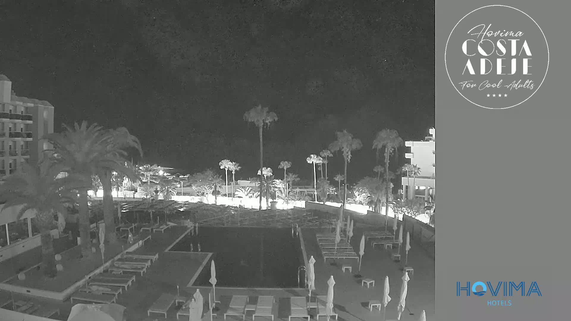 A nighttime, black-and-white view of a resort pool area with palm trees and buildings surrounding it.
