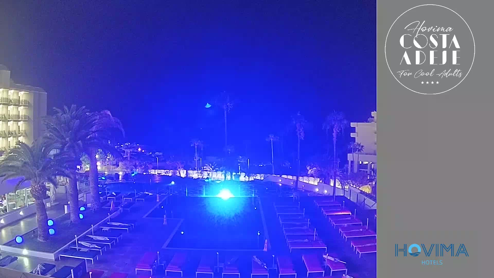 A nighttime view of a resort pool area illuminated in blue light, surrounded by palm trees and buildings under a clear, dark sky.