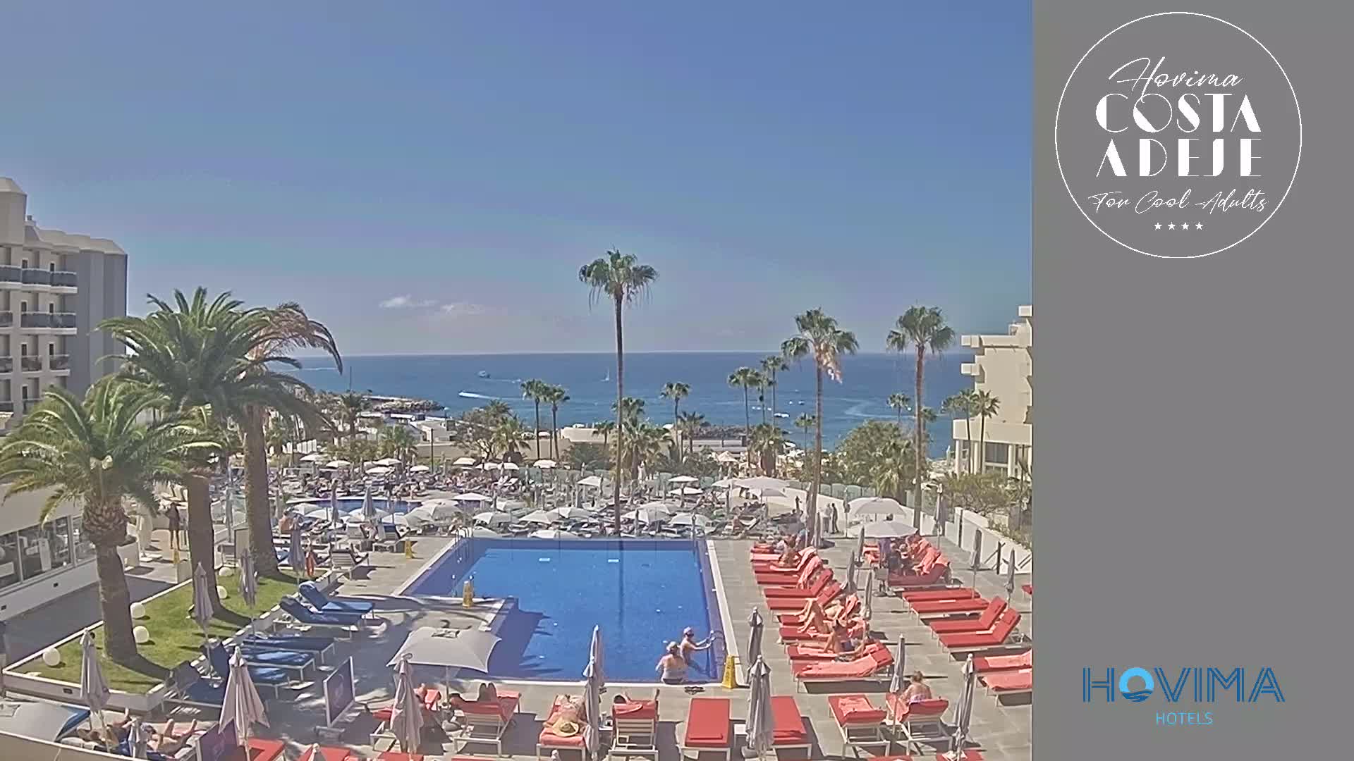 A resort pool area with red lounge chairs surrounding a large blue pool overlooks a calm ocean on a sunny day.