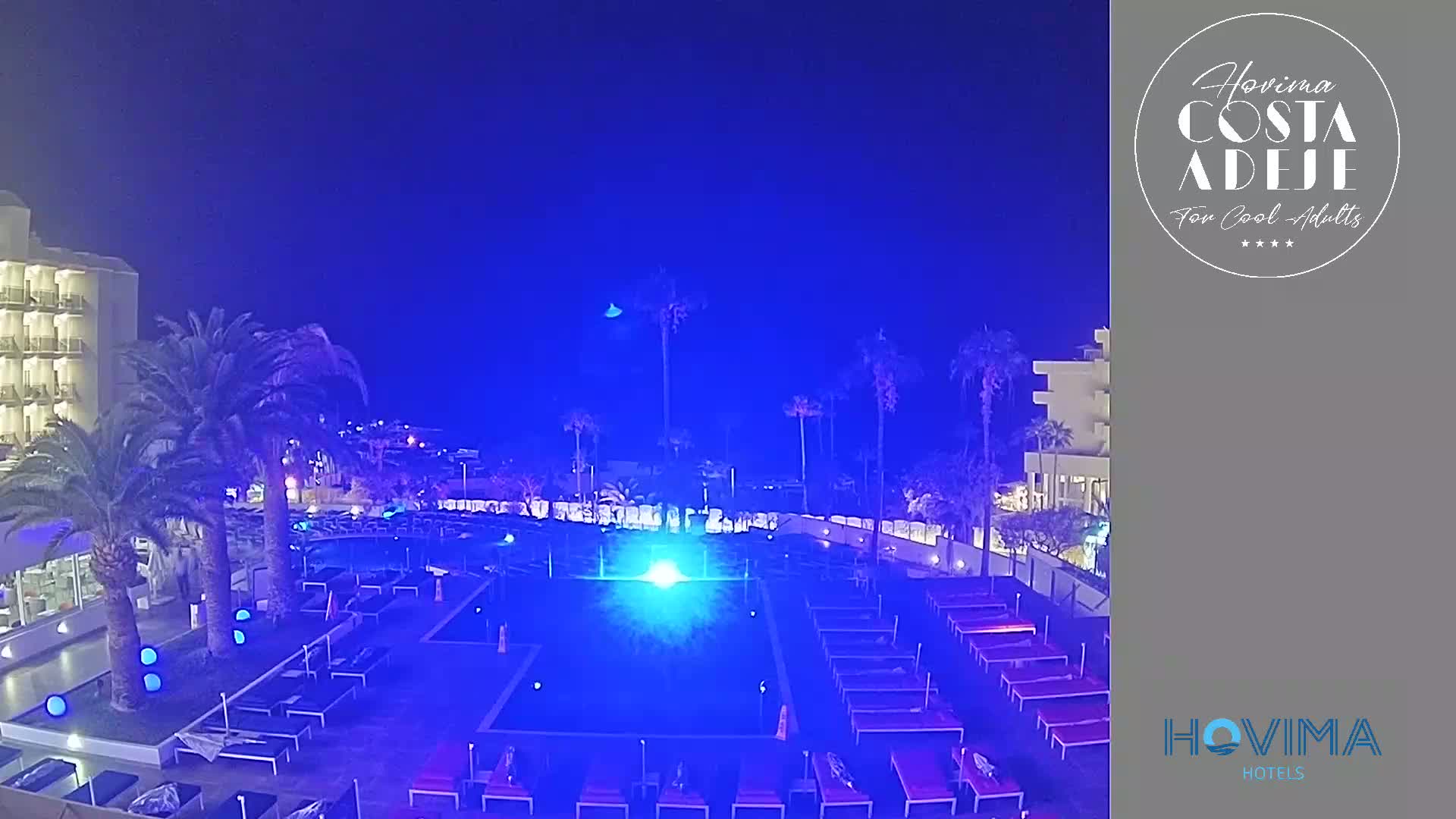 A nighttime view of a resort pool area illuminated in blue light, surrounded by palm trees and a building, under a dark blue sky.