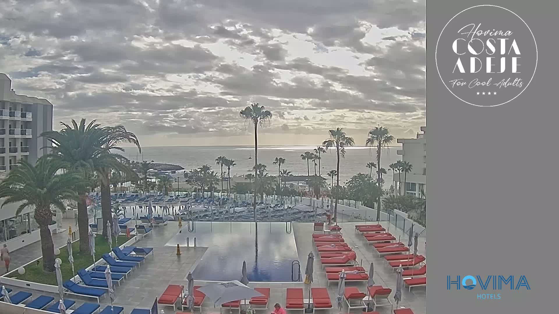 An outdoor pool area with many lounge chairs and palm trees overlooks a calm ocean under a cloudy sky.
