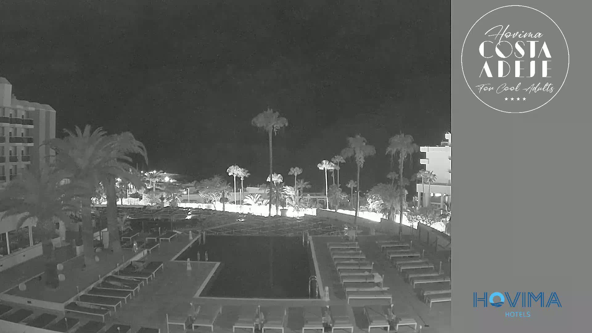 A nighttime, black and white view of a resort pool area with palm trees, lounge chairs, and buildings under a clear, dark sky.