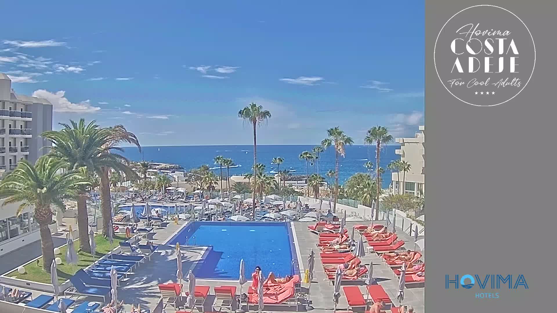 A resort pool area with numerous red lounge chairs surrounding a blue pool, palm trees, and a clear blue ocean in the background under sunny skies.