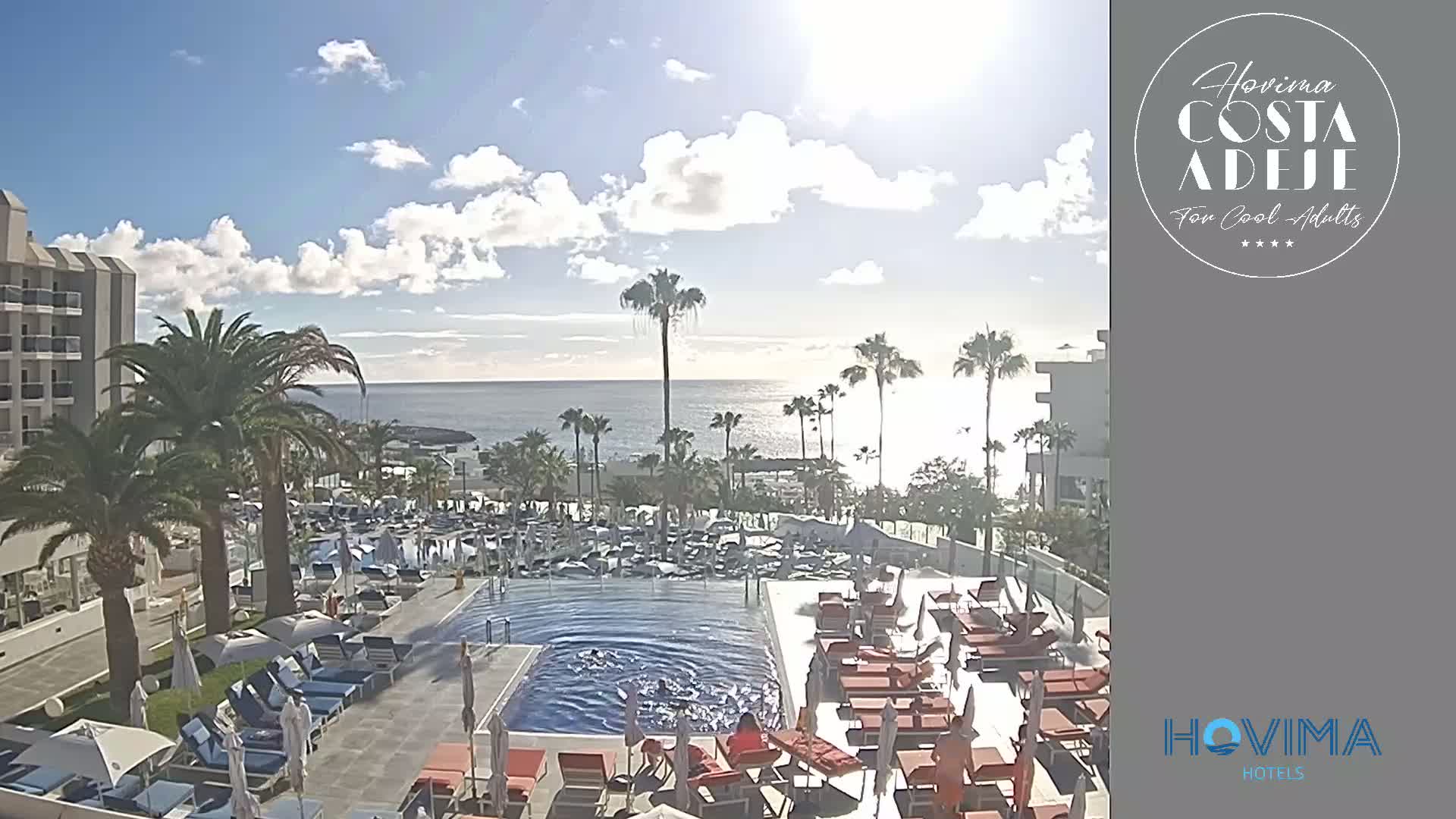 A resort pool area with palm trees and lounge chairs surrounds a swimming pool, overlooking a calm ocean under a partly sunny sky.