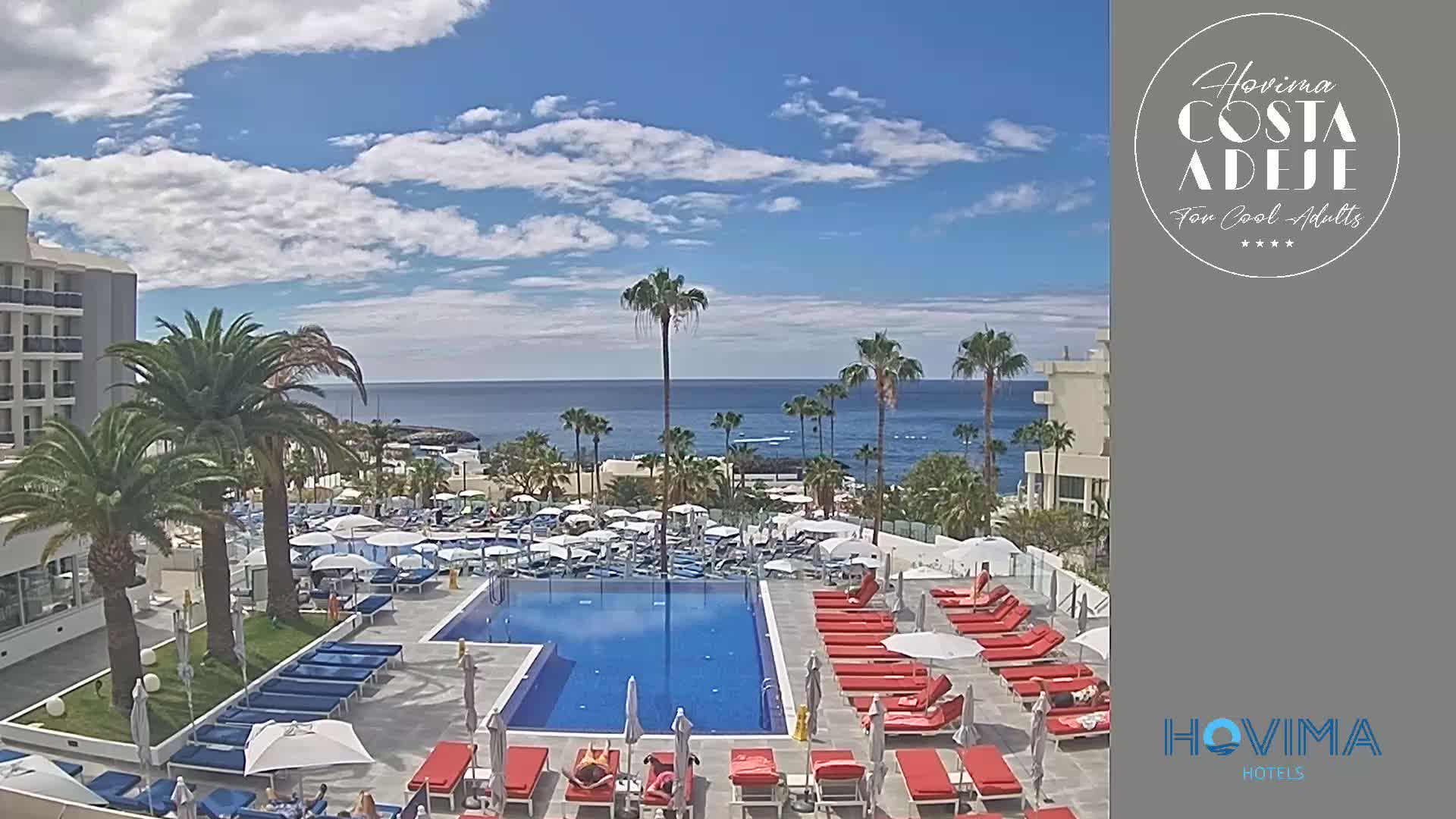 A resort pool area with red lounge chairs and umbrellas surrounds a rectangular swimming pool; palm trees and a partly cloudy sky are visible beyond the pool, overlooking the ocean.