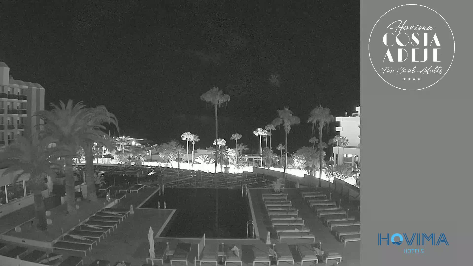 A nighttime, black-and-white view of a resort pool area with palm trees and a multi-story building, under a clear sky.