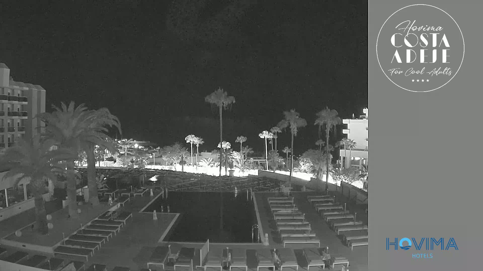 A nighttime, black-and-white view of a resort pool area with palm trees, lounge chairs, and hotel buildings under a clear, dark sky.
